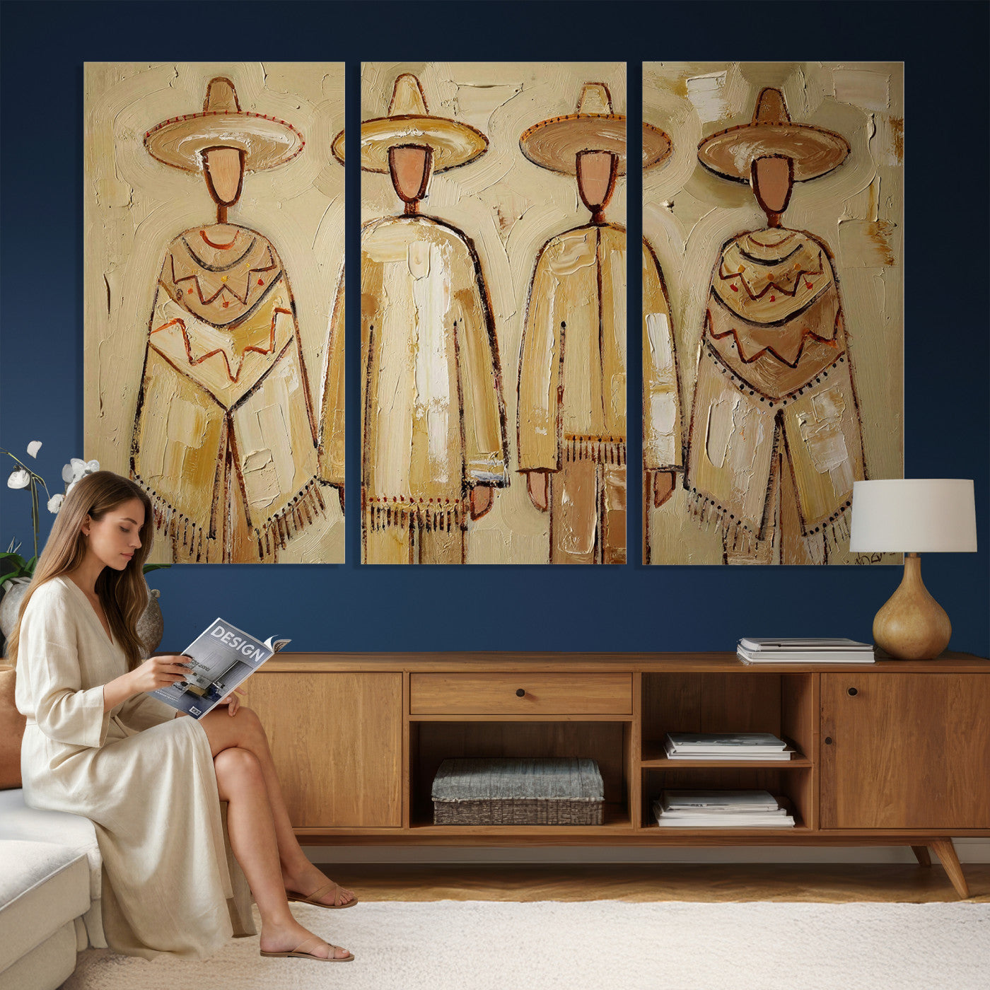 46071653-MGV-CV-36X24 - Mexican Folk Art Canvas Wall Art, Charro Poncho Sombrero Painting Print, Neutral Beige Boho Decor, Southwestern Impasto Style, Living Room Art