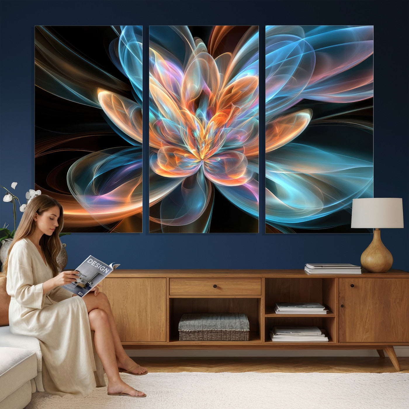 91902283-MGV-CV-36X24 - Fractal Lotus Canvas Wall Art, Blue Orange Glowing Flower Abstract Print, Modern Zen Meditation Room Decor, Ethereal Digital Art, Living Room
