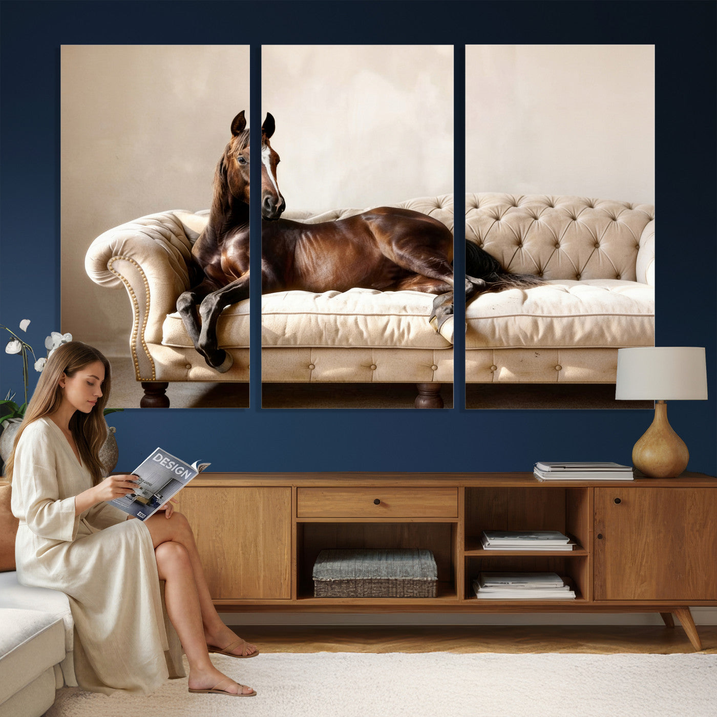 17716841-MGV-CV-36X24 - Funny Horse on Sofa Canvas Wall Art, Quirky Horse Lounging Photo Print, Whimsical Animal Decor, Living Room Conversation Art, Horse Lover Gift