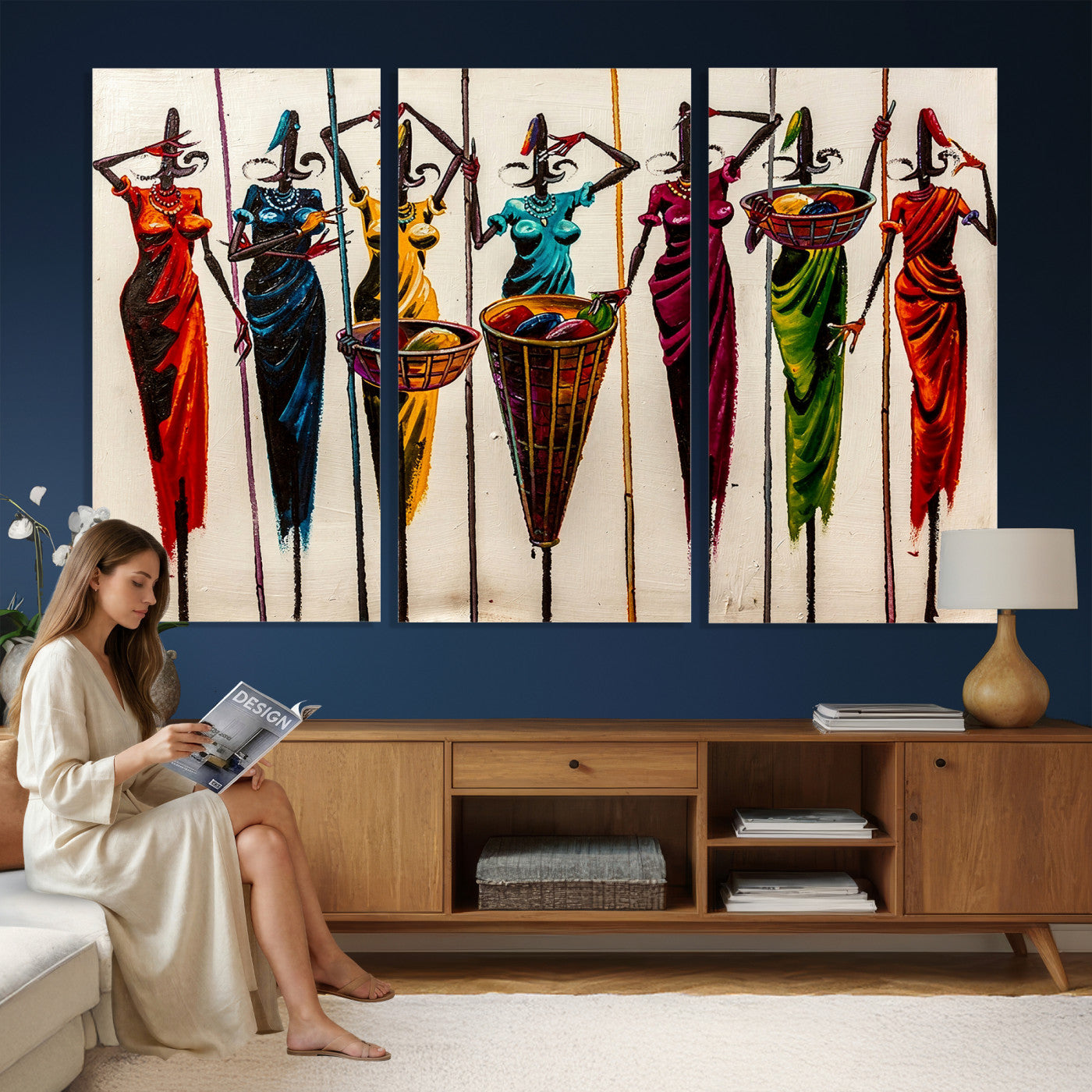 53545627-MGV-CV-36X24 - African Folk Art Canvas Wall Art, Colorful African Women Village Painting Print, Tribal Ethnic Home Decor, Vibrant African Art, Living Room