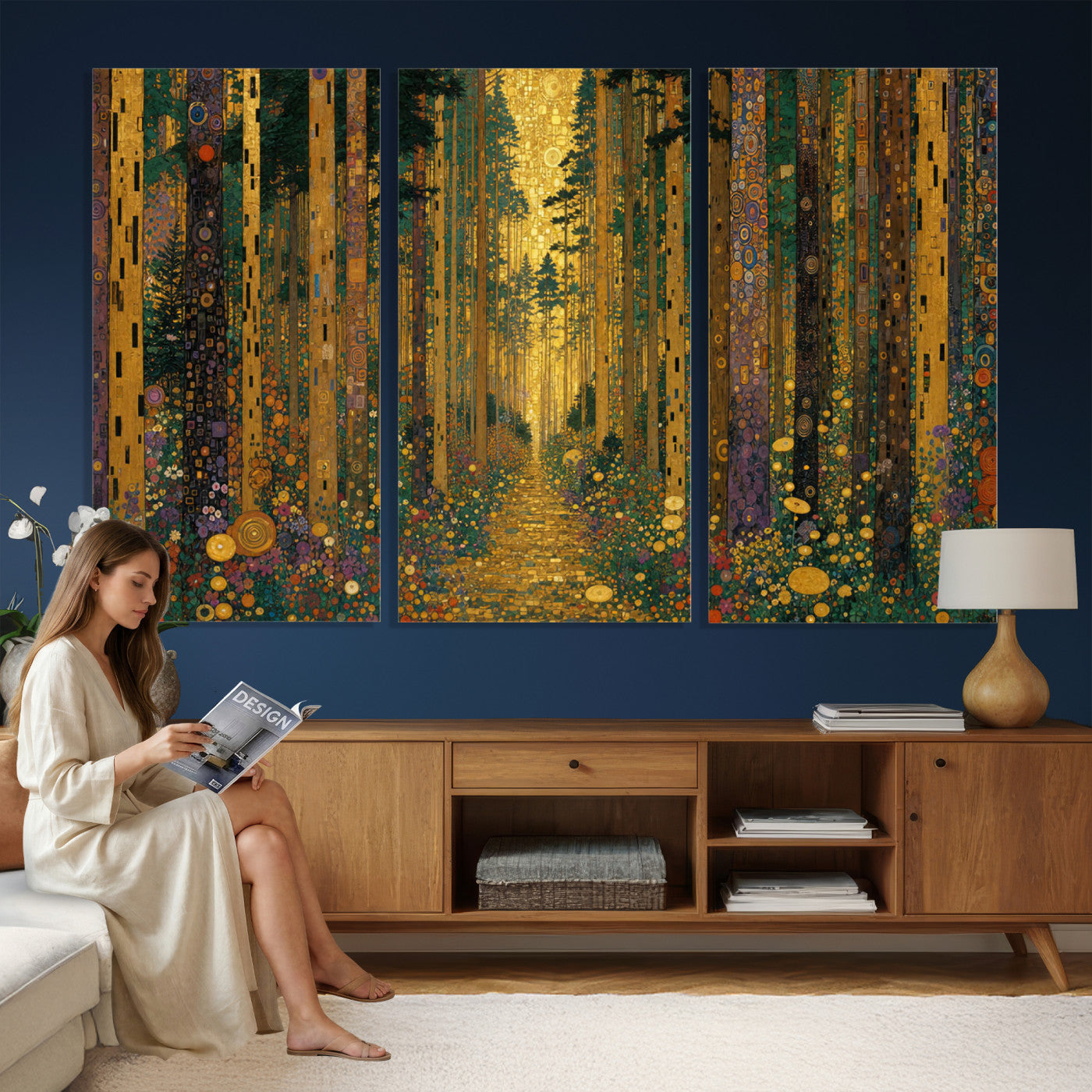 79483321G-MGV-CV-48X32-3P - Gustav Klimt Style Forest Canvas Wall Art, Golden Forest Path Floral Art Nouveau Print, Enchanted Woodland Decor