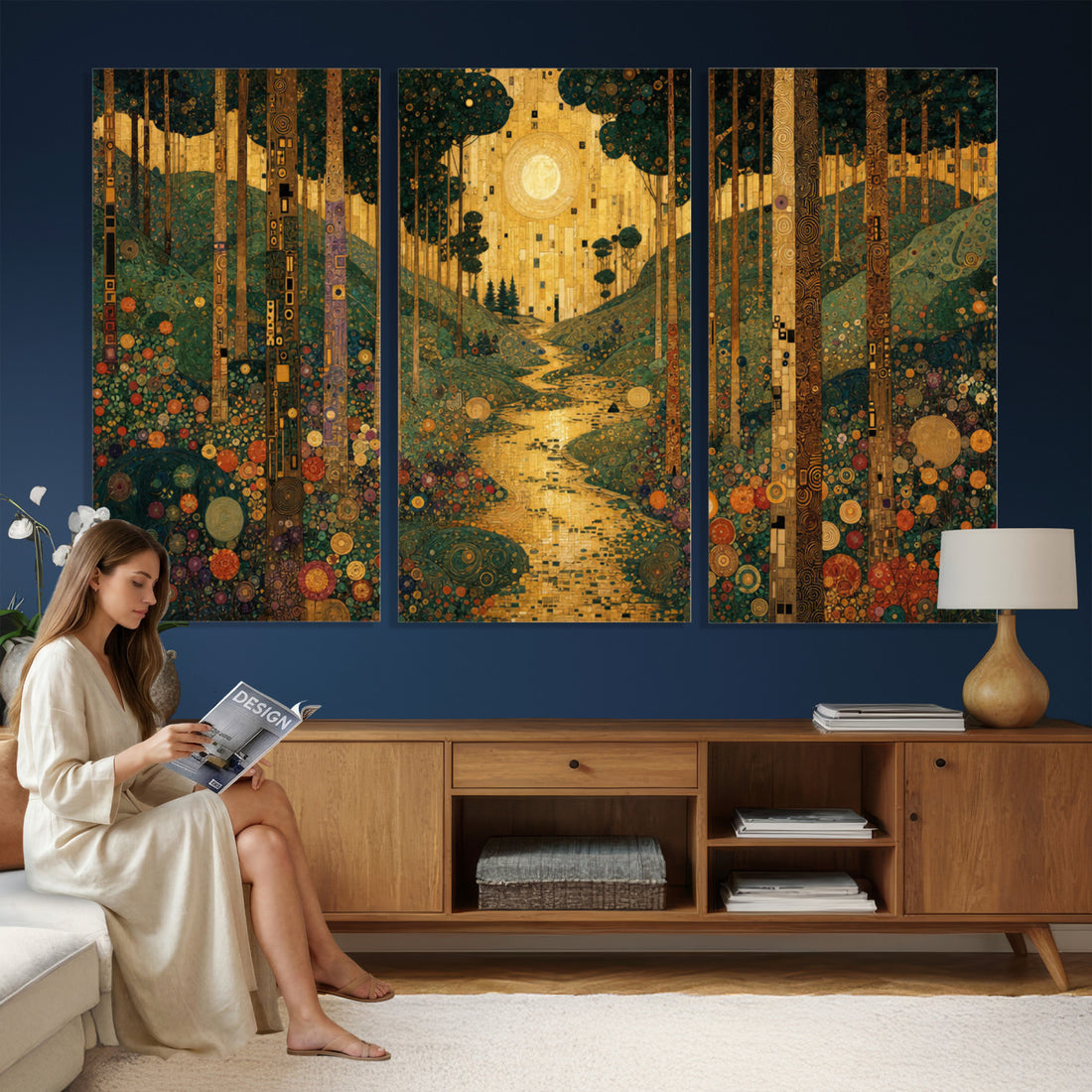 Gustav Klimt Style Forest Canvas Wall Art, Golden Forest Path Floral Art Nouveau Print