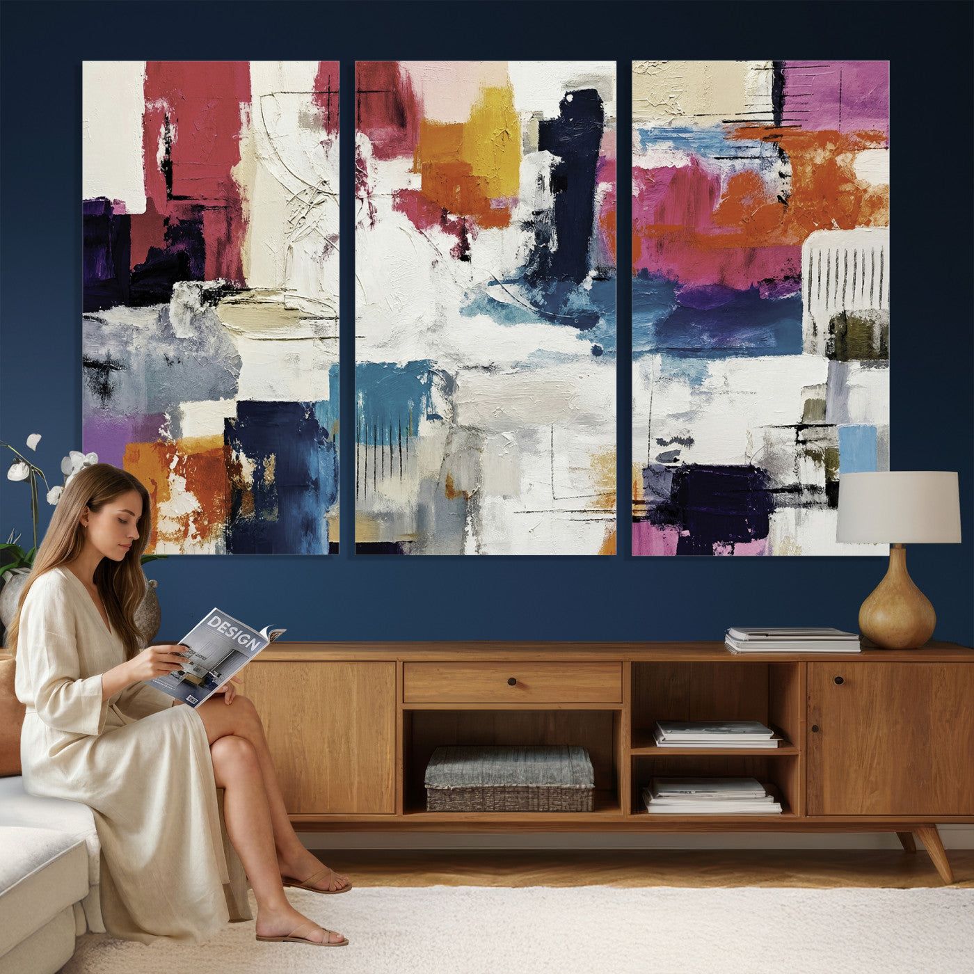 57864023-MGV-CV-36X24 - Blue Teal Abstract Canvas Wall Art, Modern Textured Painting Print, Navy Orange White Contemporary Art, Neutral Living Room Decor, Office Art