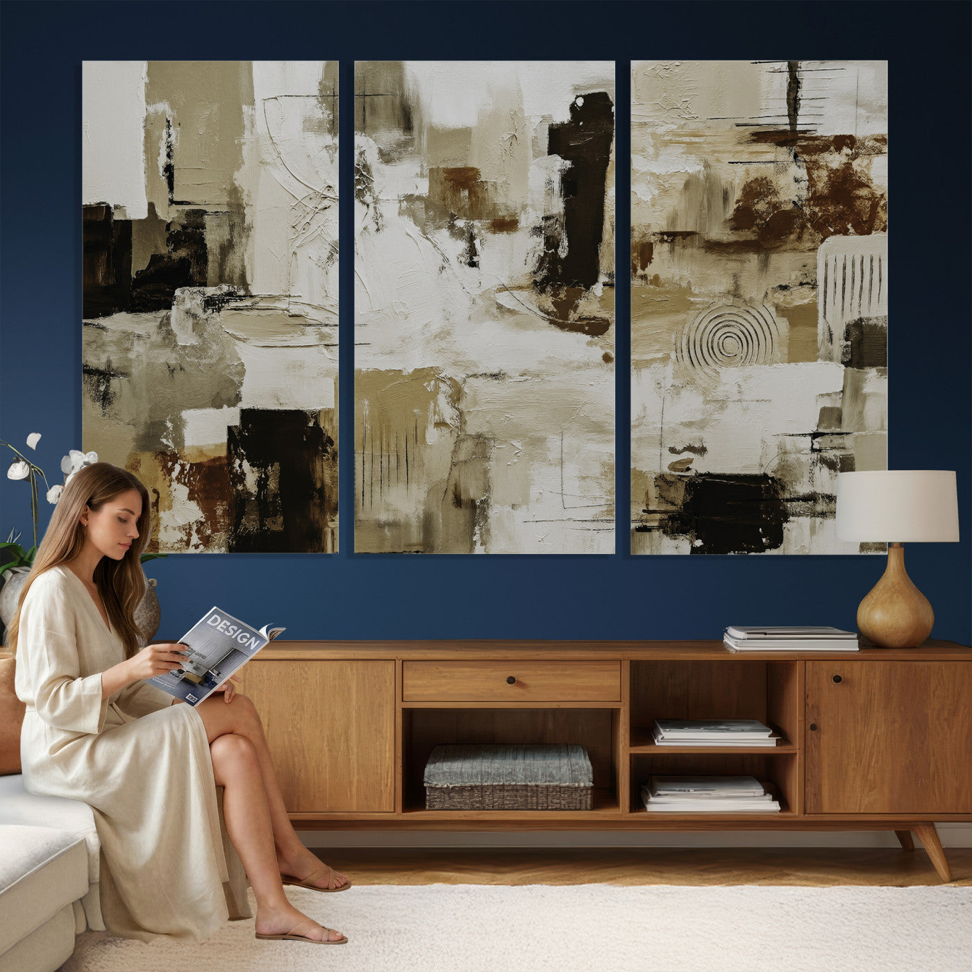 26560159-MGV-CV-36X24 - Blue Teal Abstract Canvas Wall Art, Modern Textured Painting Print, Navy Orange White Contemporary Art, Neutral Living Room Decor, Office Art