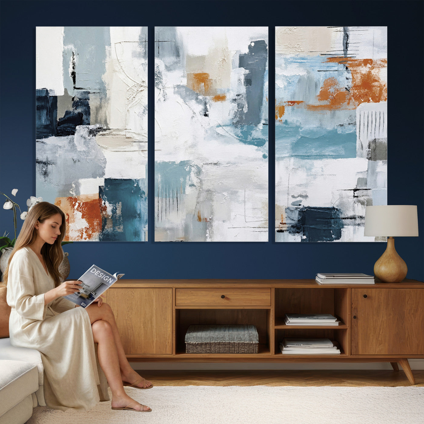 98638479-MGV-CV-36X24 - Blue Teal Abstract Canvas Wall Art, Modern Textured Painting Print, Navy Orange White Contemporary Art, Neutral Living Room Decor, Office Art