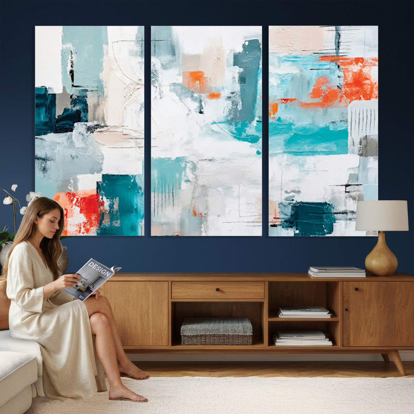 98638479-MGV-CV-36X24 - Blue Teal Abstract Canvas Wall Art | Modern Textured Painting Print, Navy Orange White Contemporary Art, Neutral Living Room Decor, Office Art