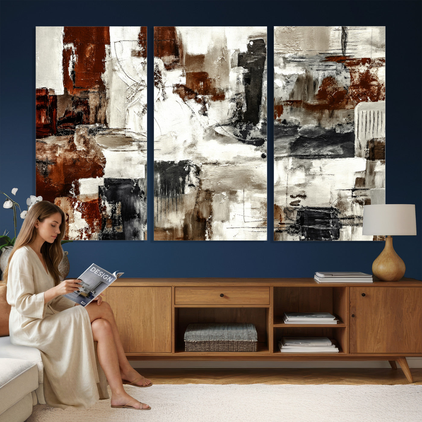 53022468-MGV-CV-36X24 - Blue Teal Abstract Canvas Wall Art, Modern Textured Painting Print, Navy Orange White Contemporary Art, Neutral Living Room Decor, Office Art