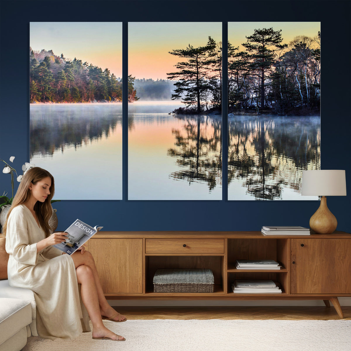 34236027-MGV-CV-36X24 - Before People Wake Canvas Wall Art Print, Misty Lake Sunrise Landscape, Forest Reflection Nature Decor, Ready to Hang