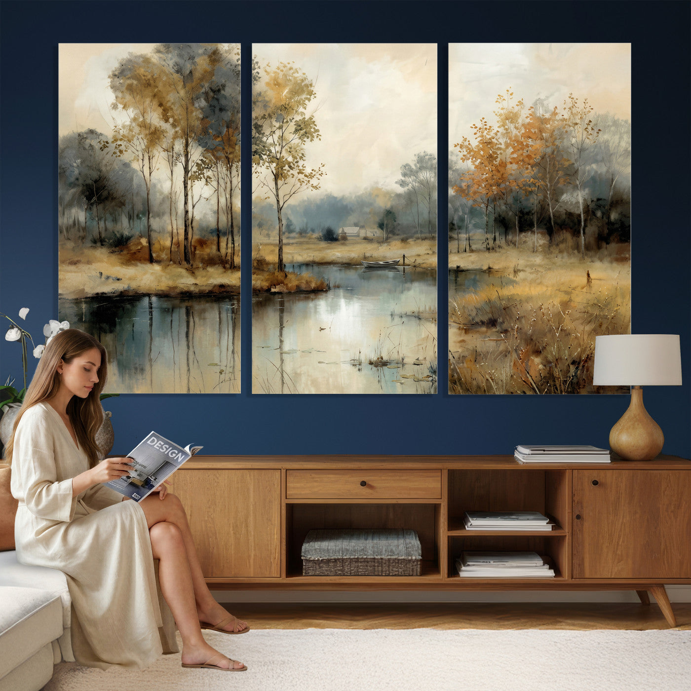 74391095-MGV-CV-36X24 - Abstract WatercolorAutumn Lake Canvas Wall Art Print, Misty Forest Landscape, Rustic Nature Painting, Cabin Wall Decor, Ready to Hang