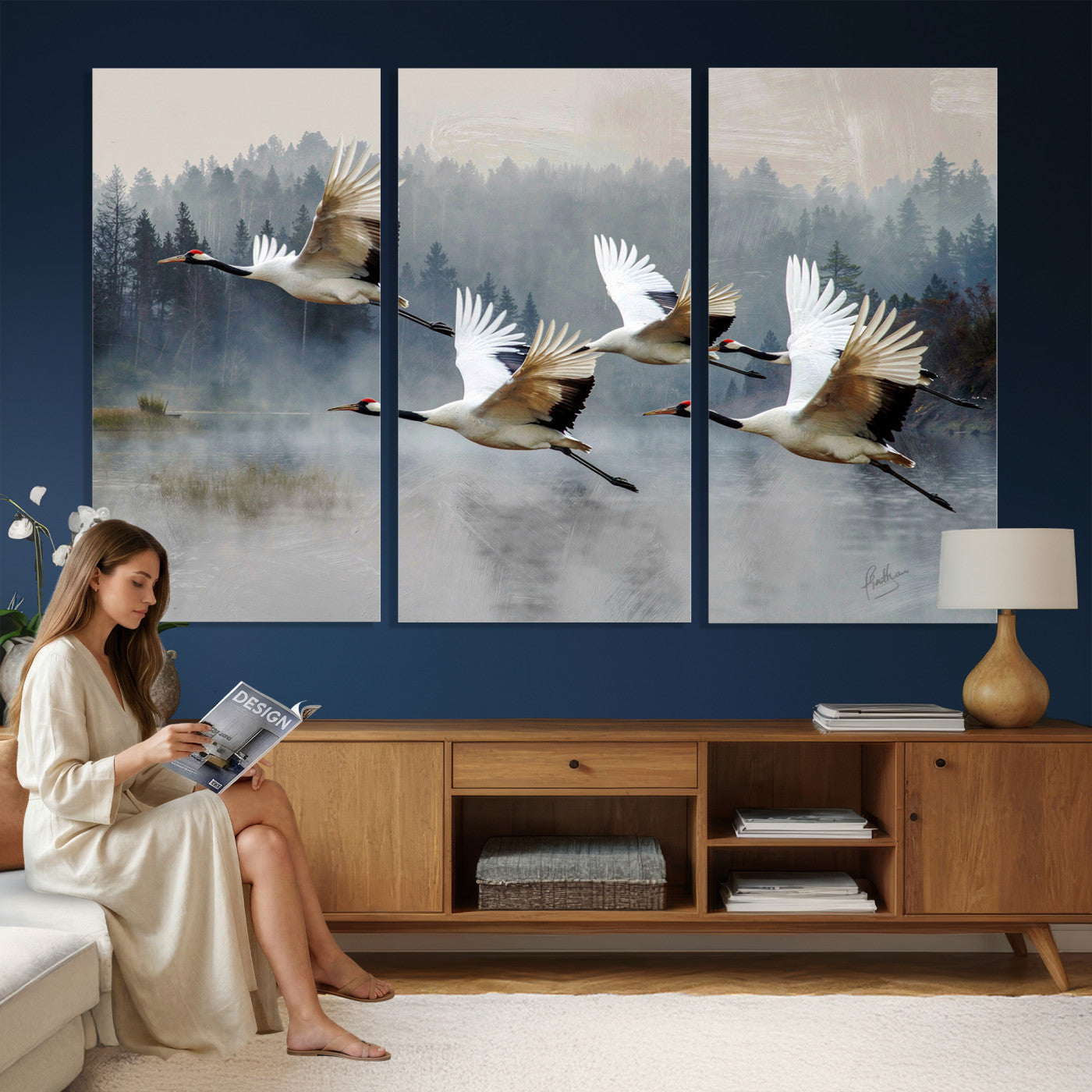 24356826-MGV-CV-36X24 - Flying Crane Canvas Wall Art Print, White Crane Bird Artwork, Wildlife Nature Decor, Lake Landscape Canvas - Ready to Hang