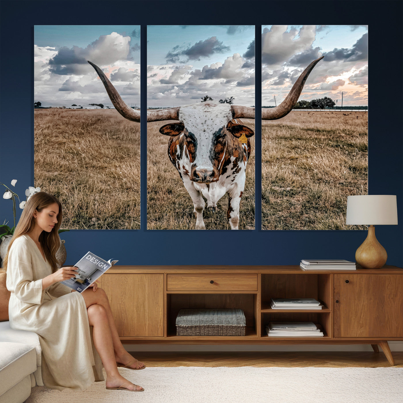 17464823-MGV-CV-36X24 - Texas Longhorn Canvas Wall Art Print, Western Cow Photography, Rustic Ranch Decor, Farmhouse Wall Art, Ready to Hang