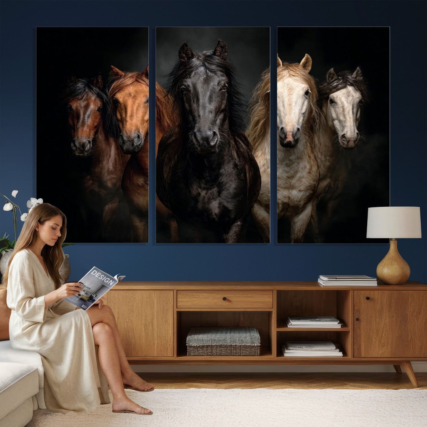 77696206-MGV-CV-36X24 - Horse Wall Art Canvas Print | Wild Horses Portrait Photography, Animal Horse Decor, Black Brown White Horse Herd