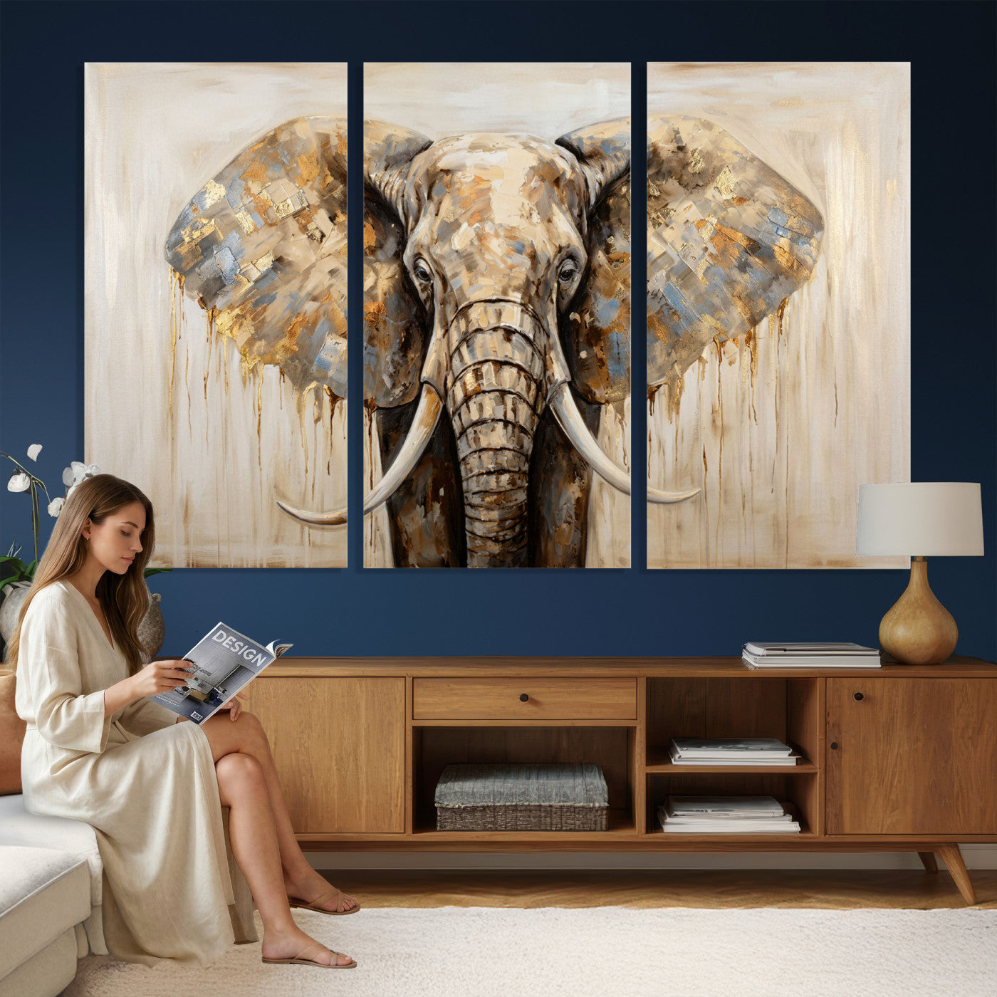 95819221-MGV-CV-36X24 - Gold Leaf Elephant Canvas Wall Art Abstract African Wildlife Painting Print