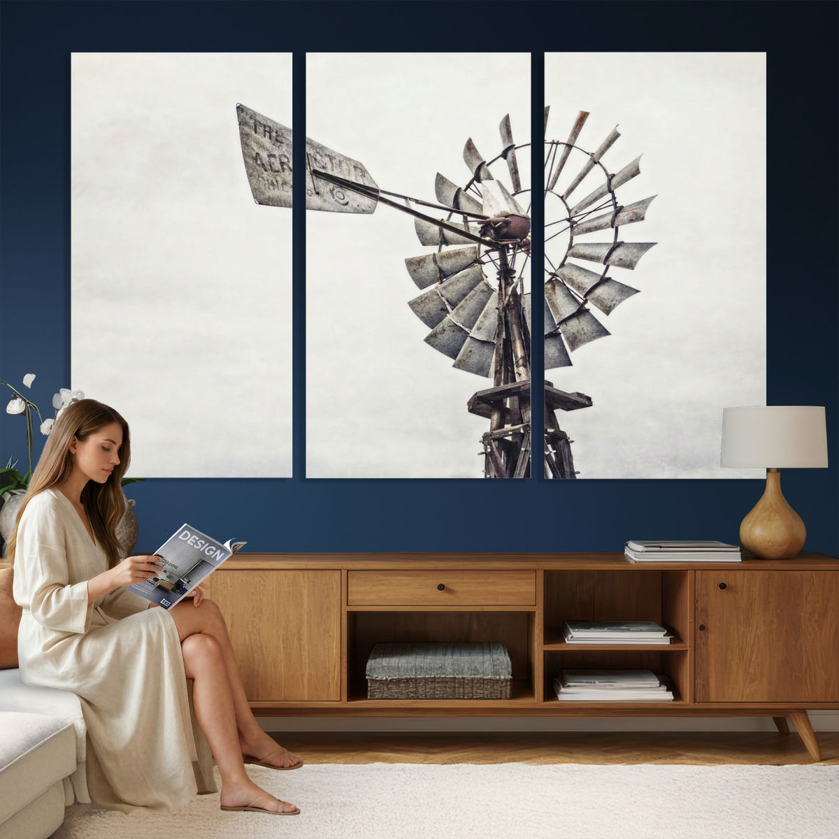 63200638-MGV-TP-24X36 - Vintage Rustic Farmhouse Windmill Canvas Wall Art - Western Country Landscape Print