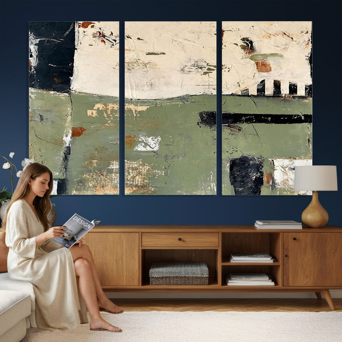 Sage Green Abstract Geometric Landscape Wall Art Canvas Print, Modern Minimalist Decor