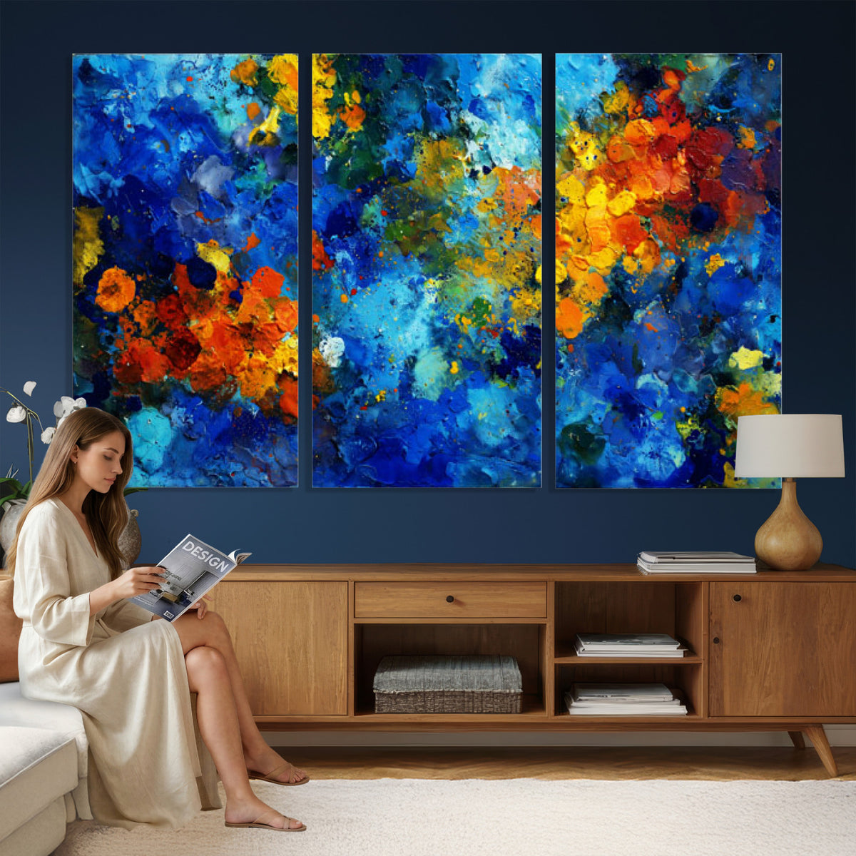 52431611-MGV-CV-36X24 - Vibrant Blue Abstract Canvas Wall Art Colorful Impasto Oil Painting Print