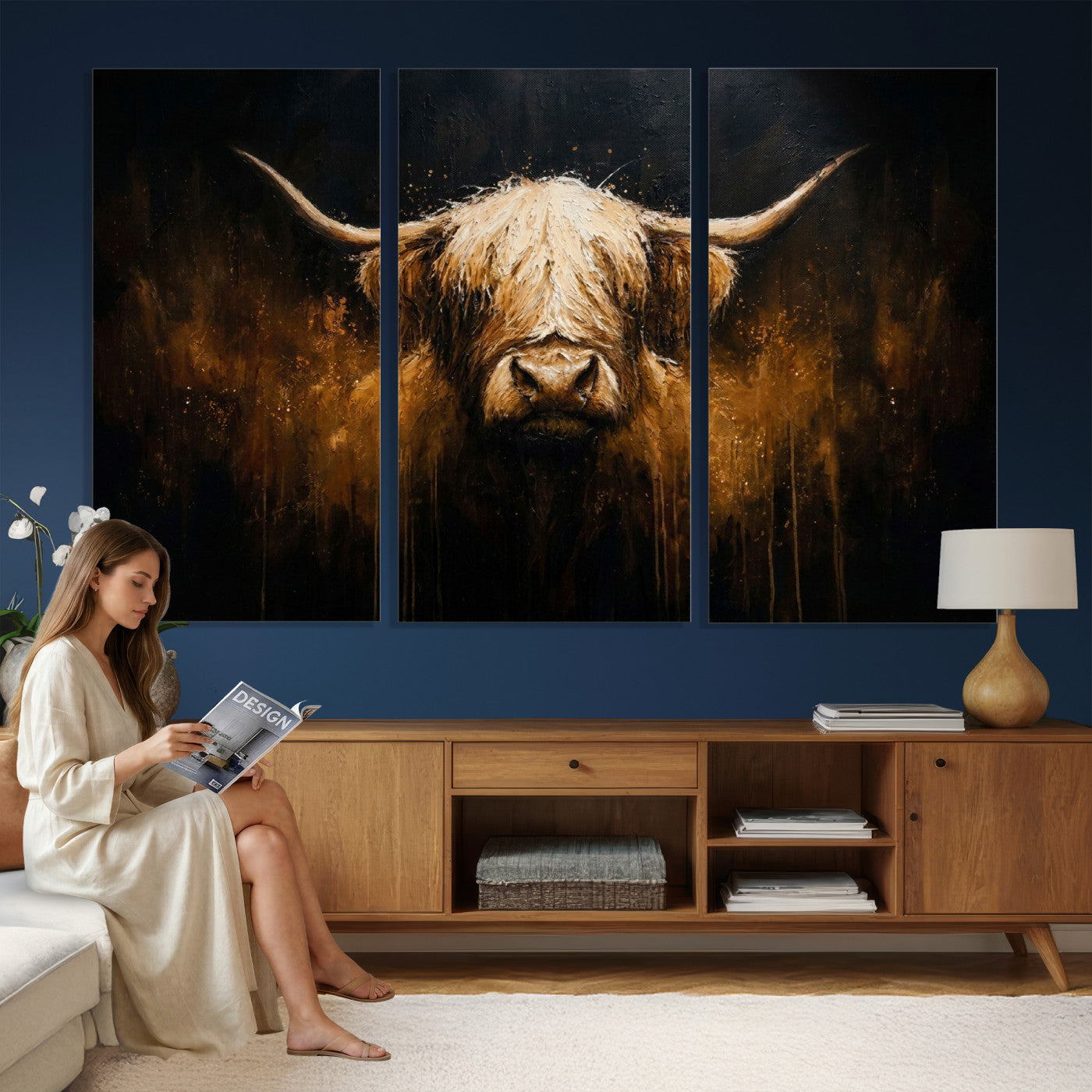 79873059-MGV-CV-36X24 - Rustic Highland Cow Canvas Print Dark Farmhouse Cattle Wall Decor
