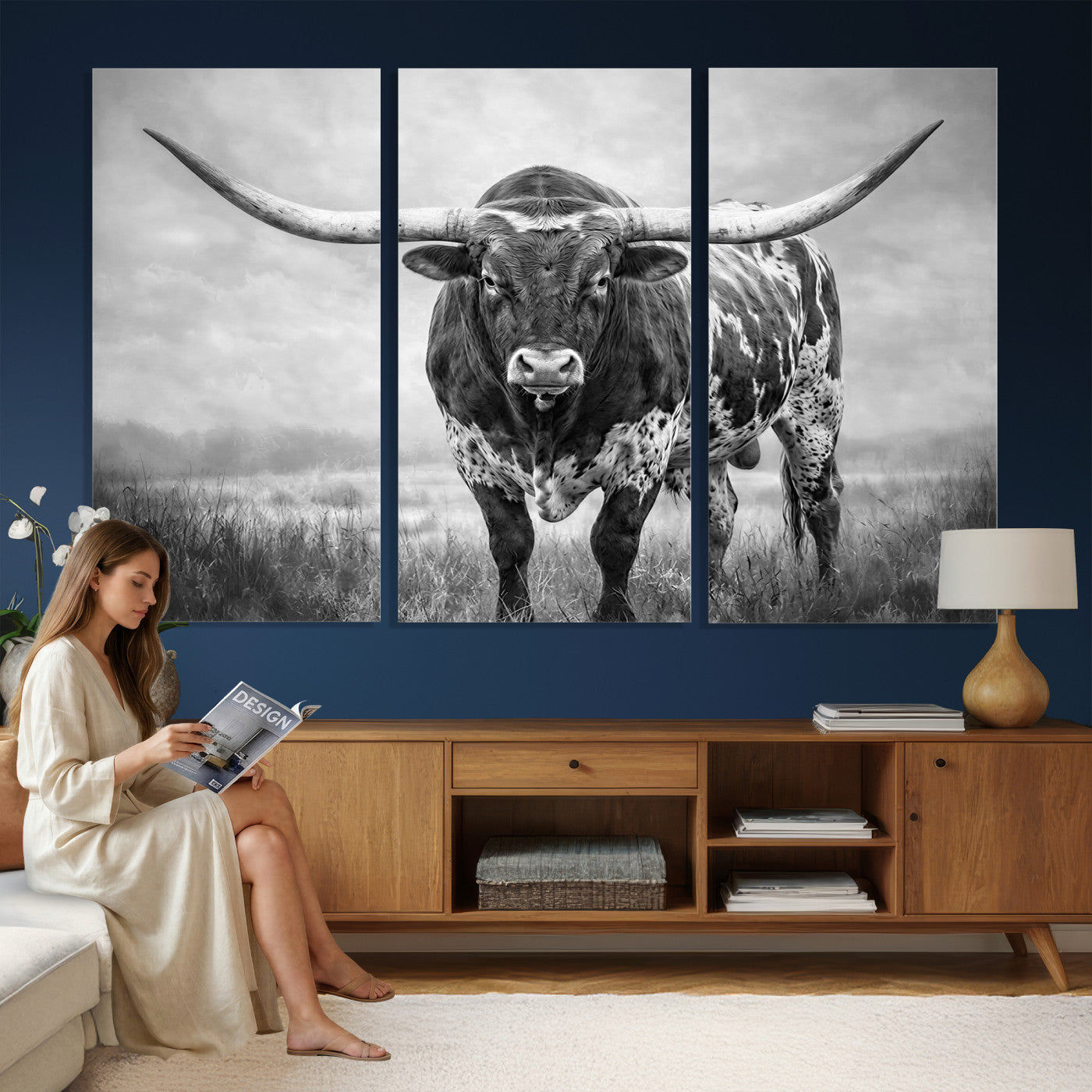 11121585-MGV-CV-36X24 - Texas Bull Wall Art Canvas Print for Farmhouse Restaurant Wall Decor