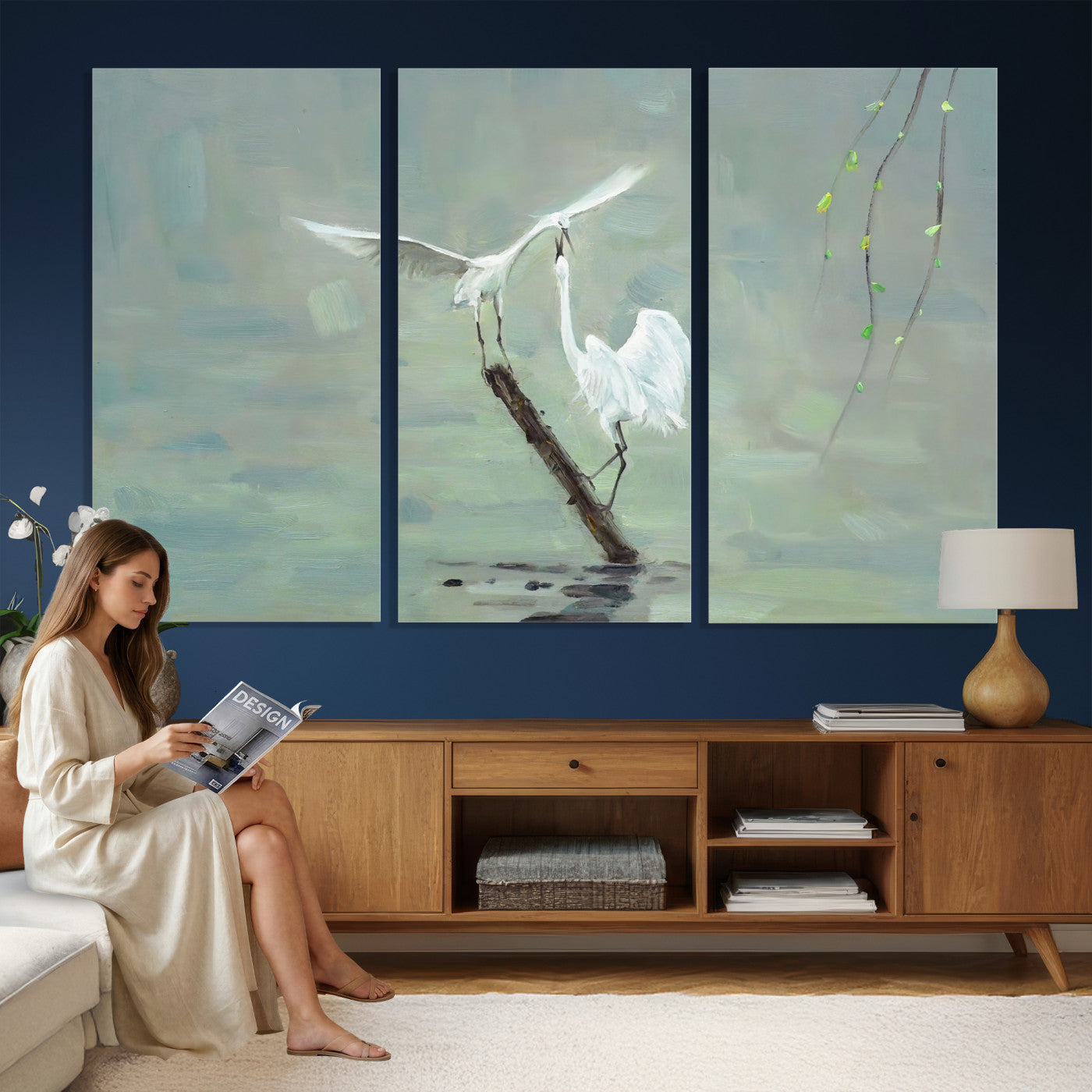 91124838-MGV-CV-36X24 - Two White Egrets on Marsh Branch Wall Art Canvas Print - Vintage Style Coastal Bird Poster
