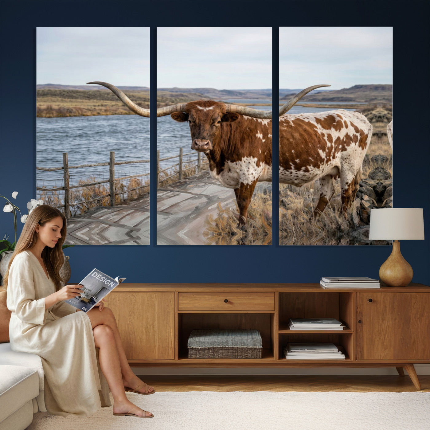 91575949-MGV-CV-36X24 - Texas Longhorn Cattle in Desert Pasture Wall Art Canvas Print - Rustic Western Decor