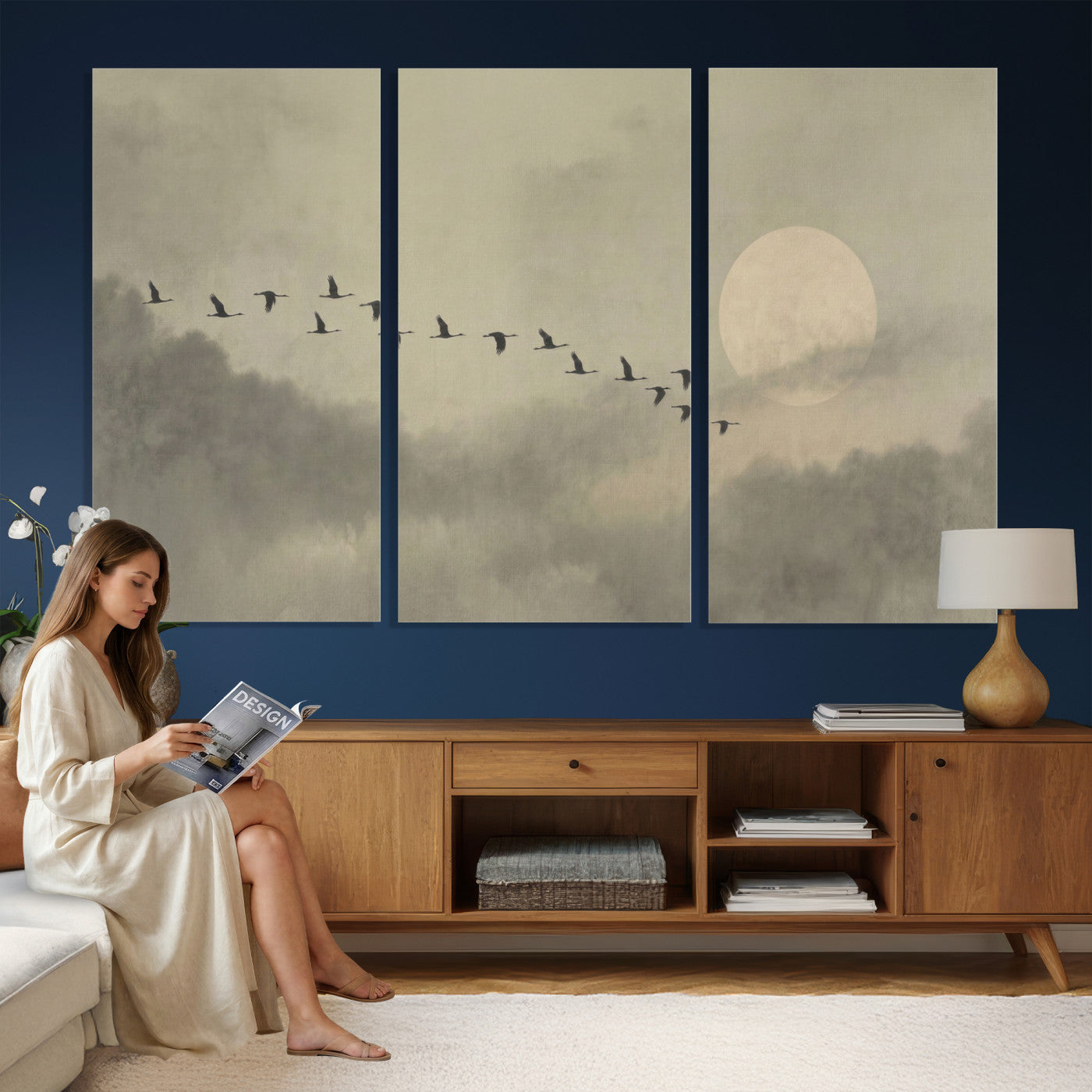 12098149-MGV-CV-36X24 - Flock of Birds Flying to Full Moon Wall Art Canvas Print - Vintage Surreal Clouds Painting