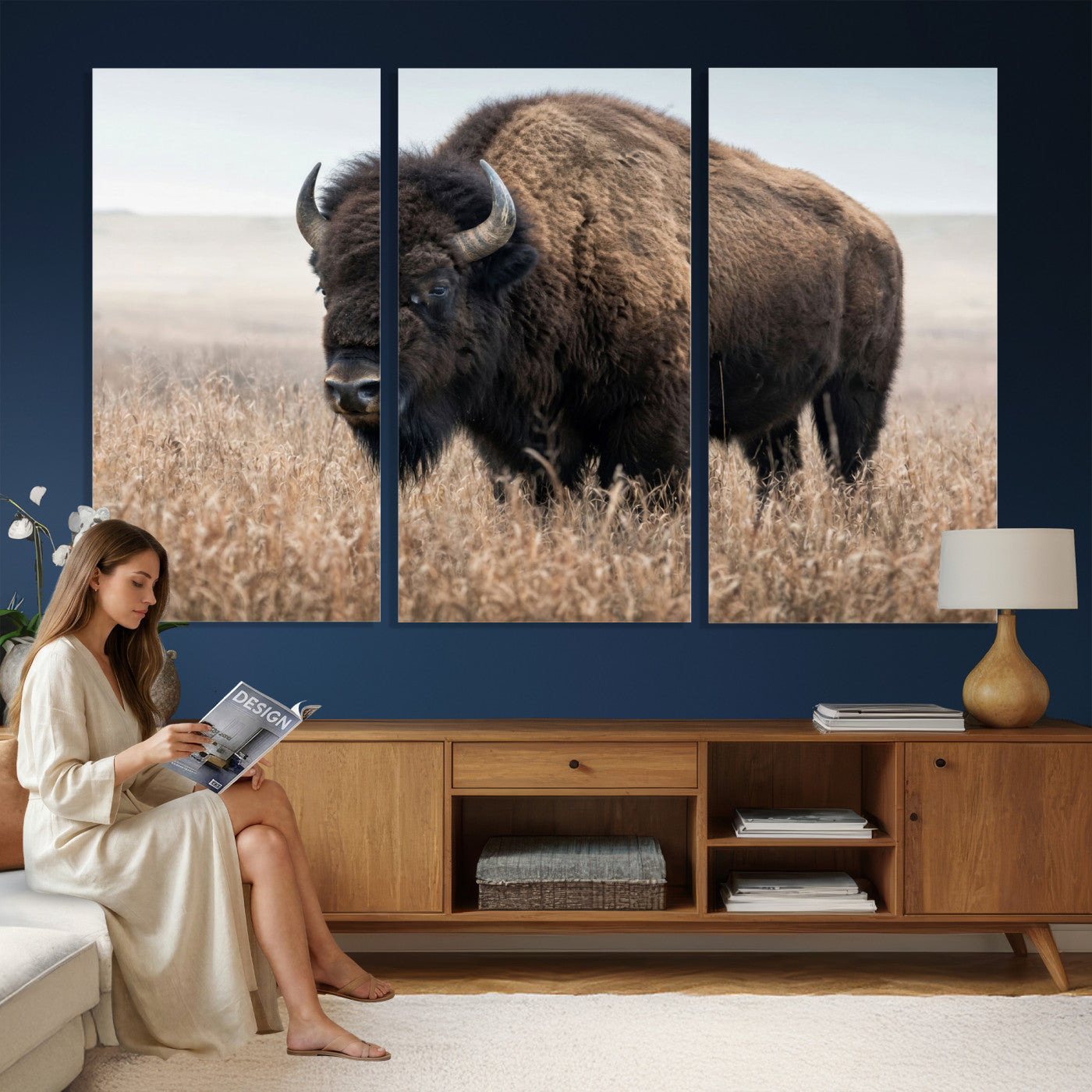 81029583-MGV-CV-36X24 - American Bison in Prairie Field Wall Art Canvas Print - Rustic Wildlife Photography