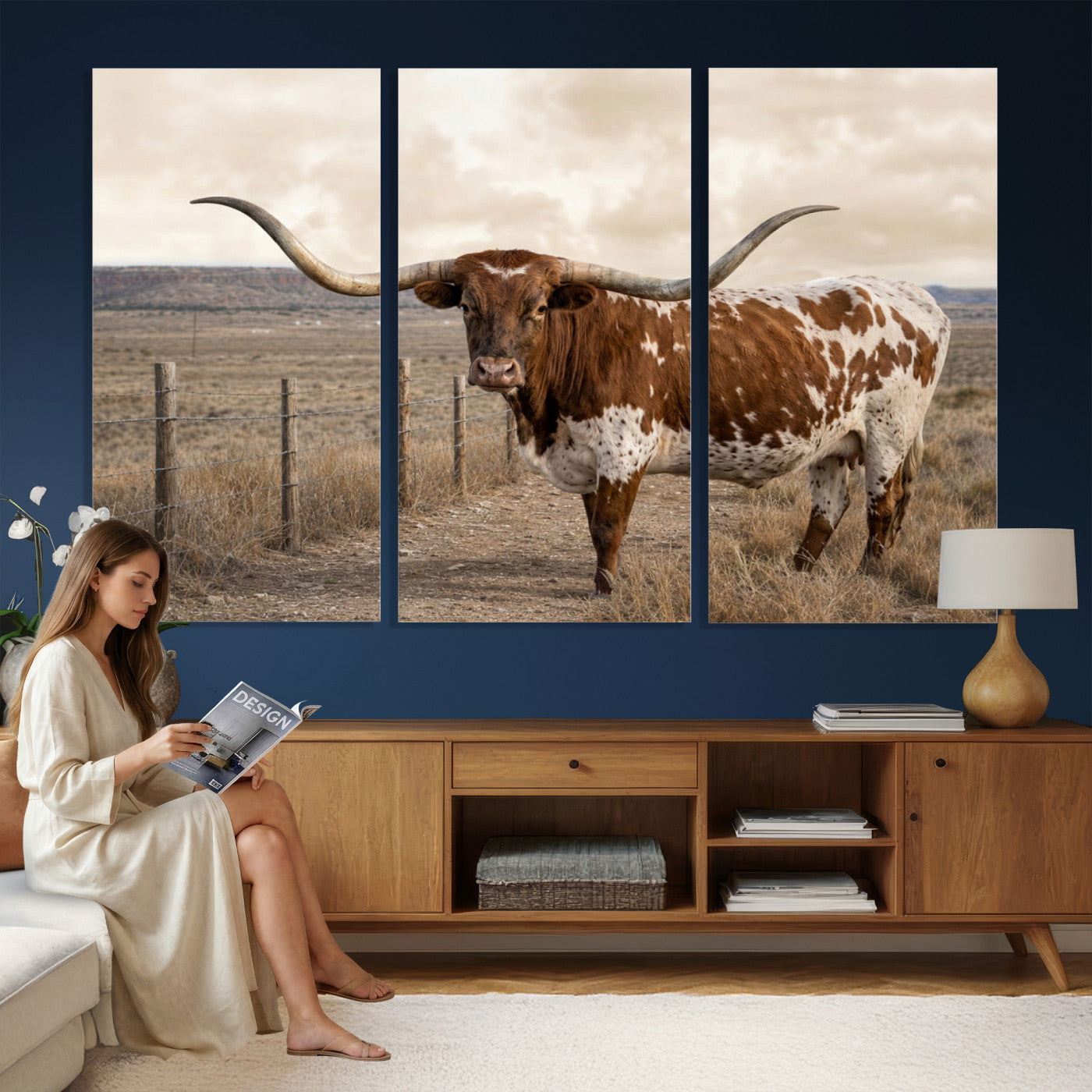 22808364-MGV-CV-36X24 - Texas Longhorn Cattle in Desert Pasture Wall Art Canvas Print - Rustic Western Decor