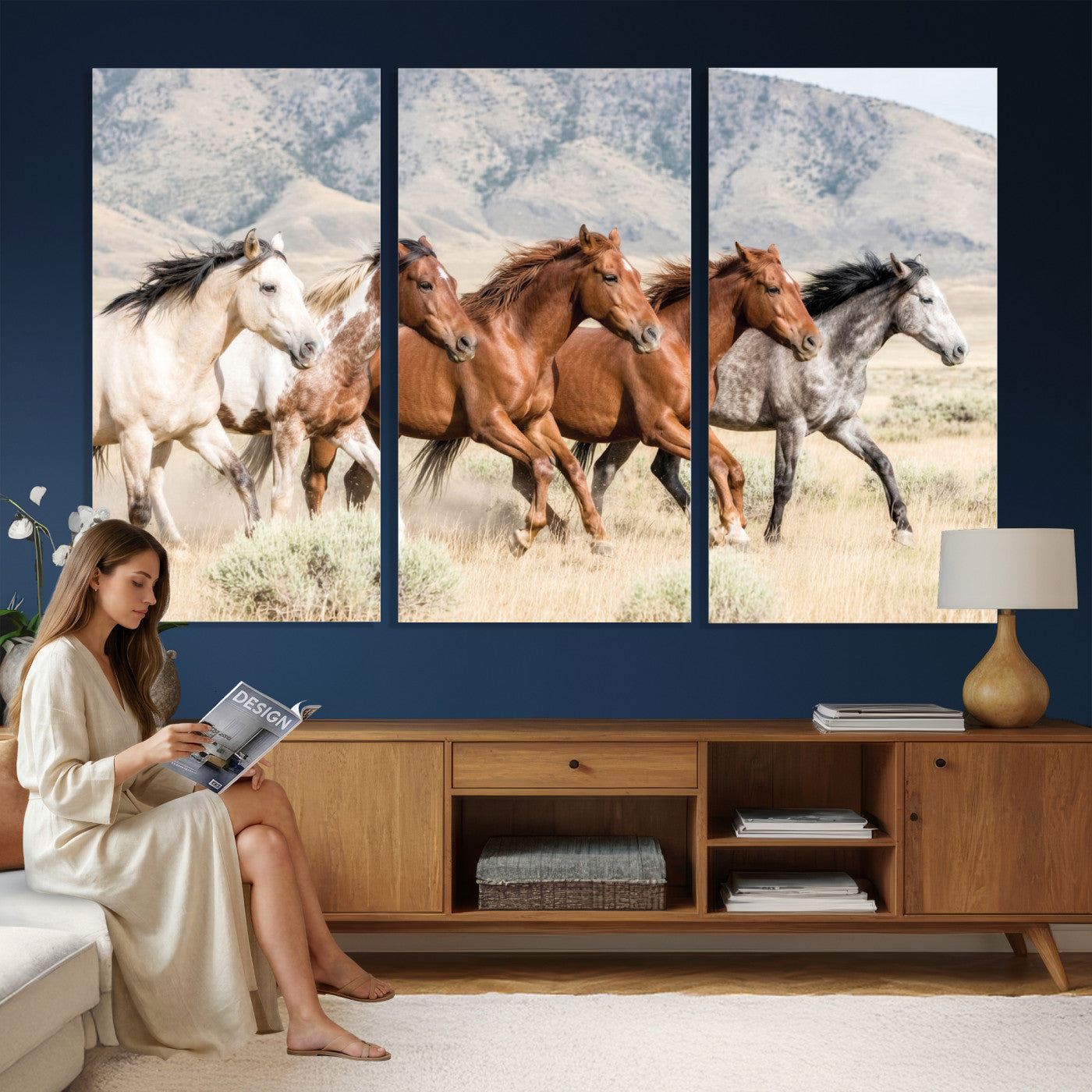 68345893-MGV-CV-36X24 - Five Mustangs Running Wild in Mountain Valley Wall Art Canvas Print - Rustic Western Decor