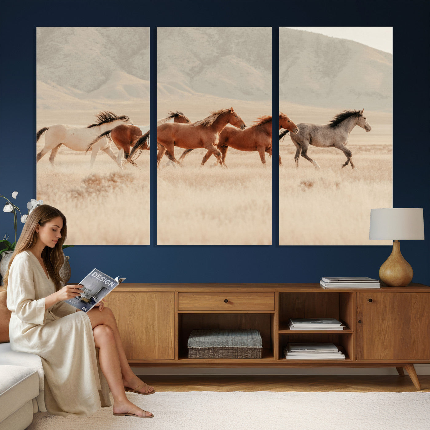 43348446-MGV-CV-36X24 - Herd of Wild Horses Running in Desert Mountain Wall Art Canvas Print - Boho Western Landscape