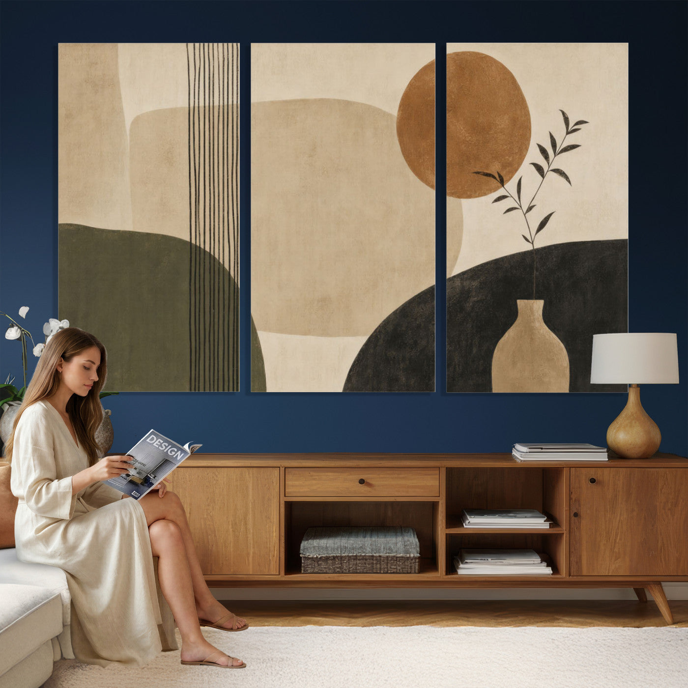 29113684-MGV-CV-36X24 - Japandi Minimalist Abstract Wall Art Canvas Print, Sage Green and Terracotta Sun Botanical Painting Print