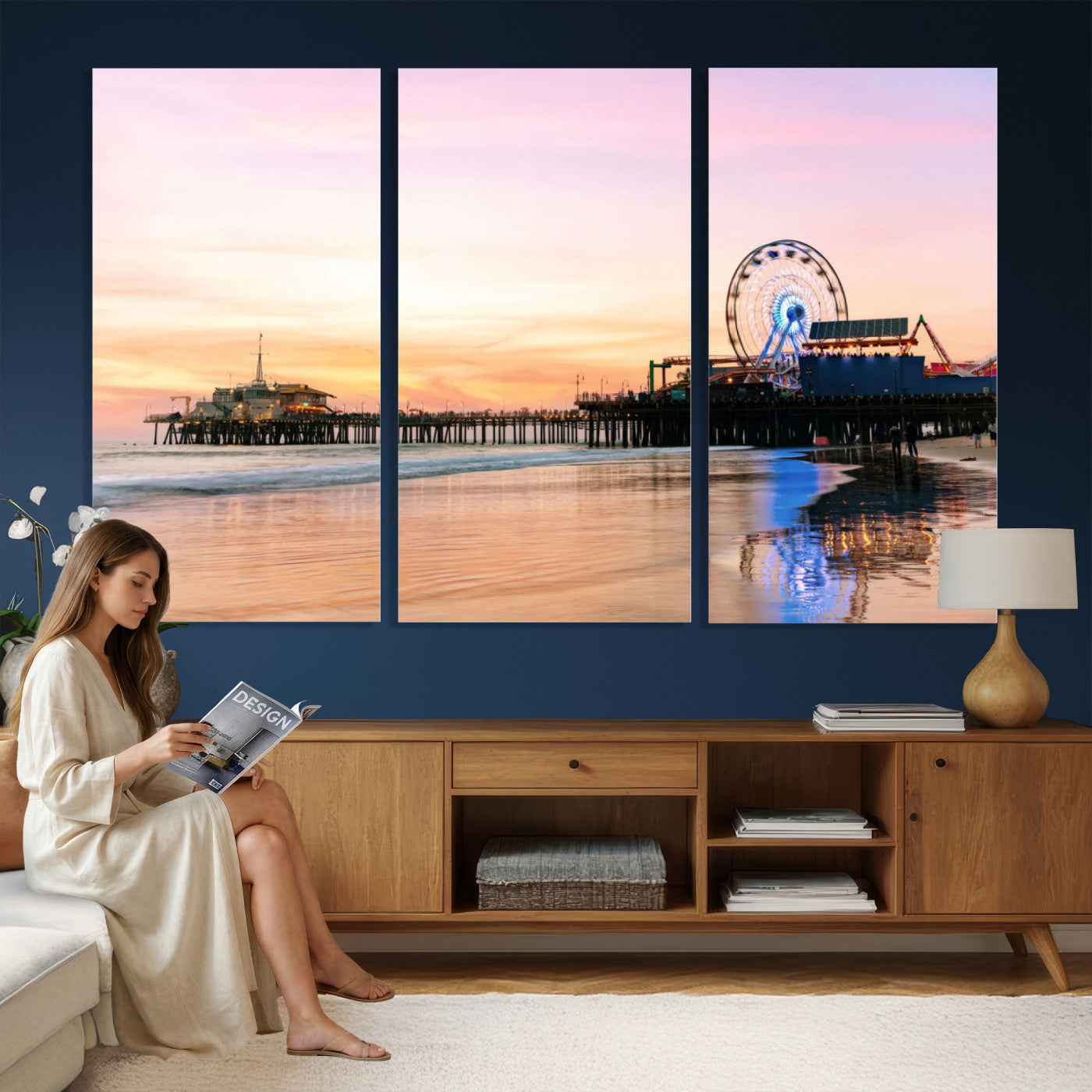 27381272-MGV-CV-36X24 - Santa Monica Pier Sunset Beach Wall Art Canvas Print, California Ferris Wheel Photo Print