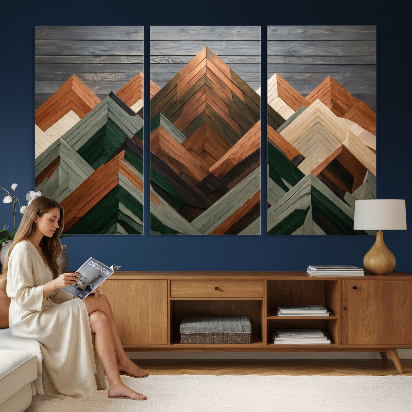 84617347-MGV-CV-36X24 - Geometric Wood Mountain Wall Art Canvas Print, 3D Look Rustic Mosaic Landscape Print