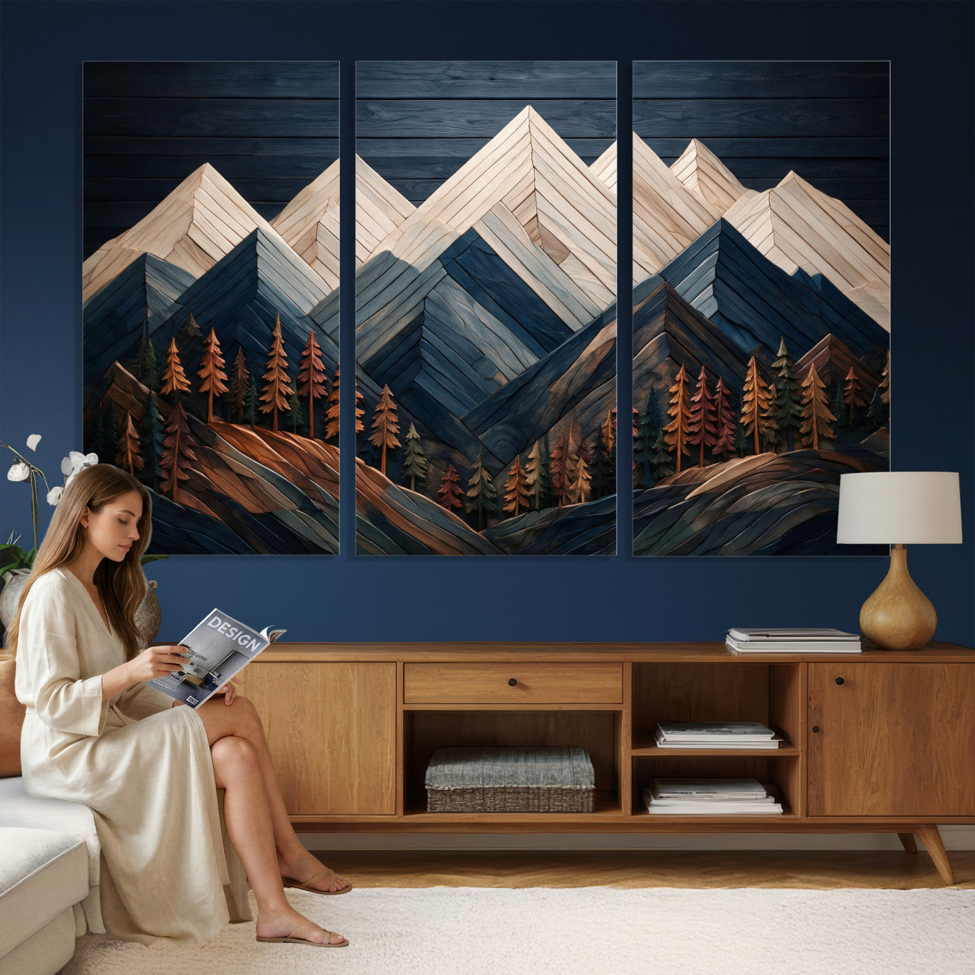 87765072-MGV-CV-36X24 - Geometric Wood Mountain Wall Art Canvas Print, 3D Look Rustic Mosaic Landscape Print