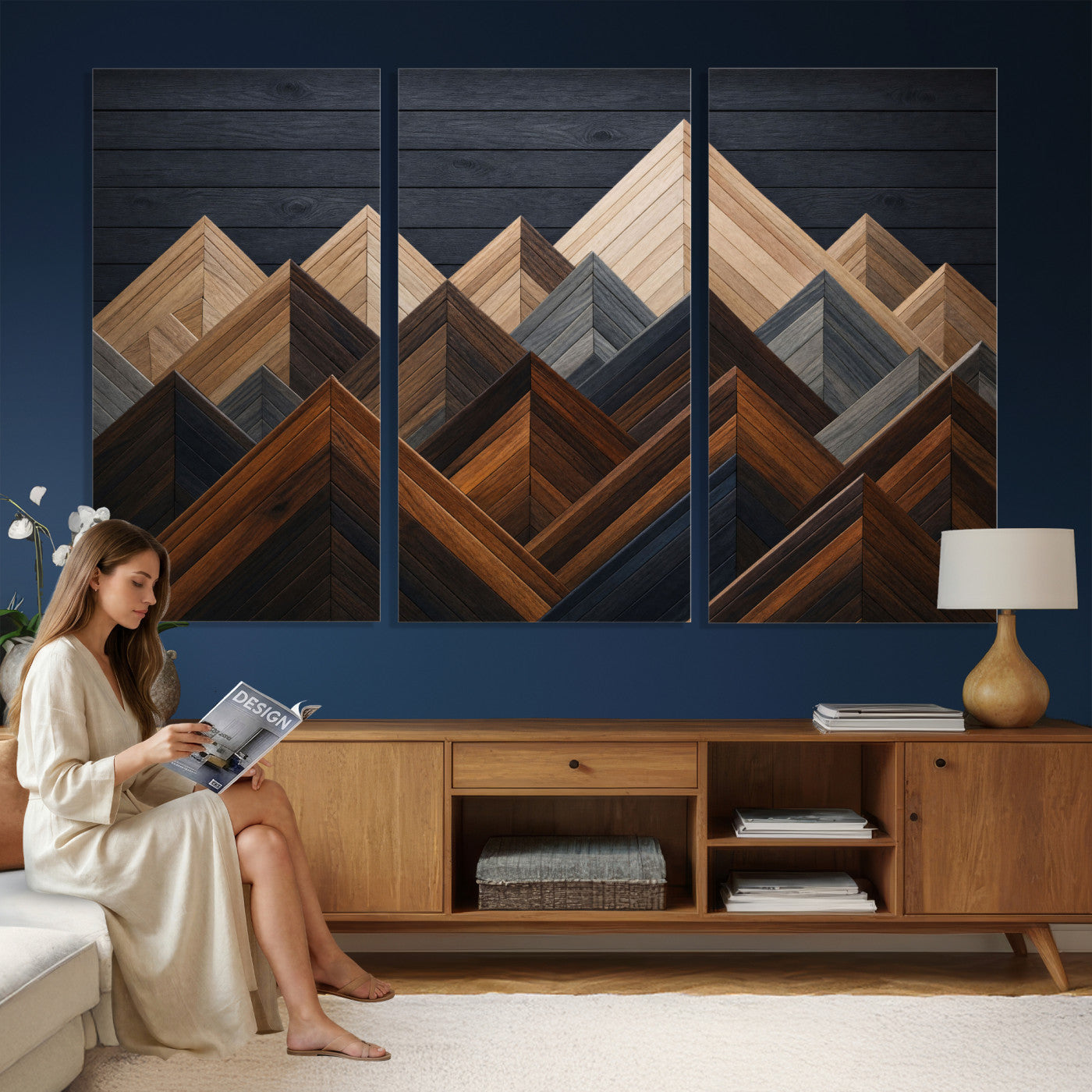 70531117-MGV-CV-36X24 - Geometric Wood Mountain Wall Art Canvas Print, 3D Look Rustic Mosaic Landscape Print