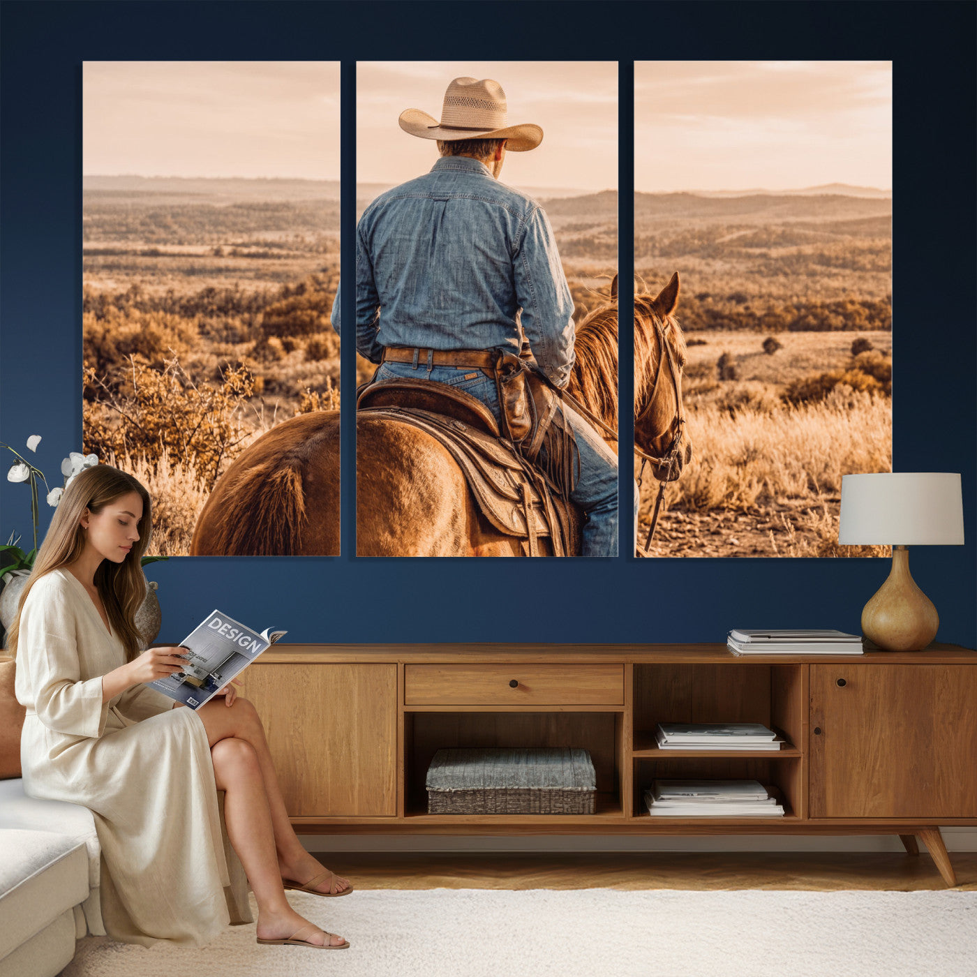 62076449-MGV-CV-36X24 - Texas Cowboy and Horse Print for Western Wall Art Decor for Farmhouse