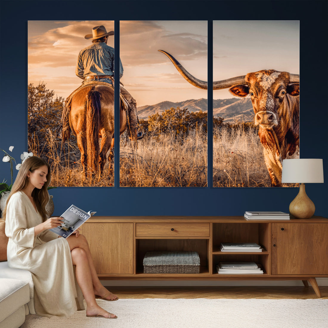Texas Cowboy and Longhorn Bull Print for Western Wall Art Decor, Framed and Ready to Hang