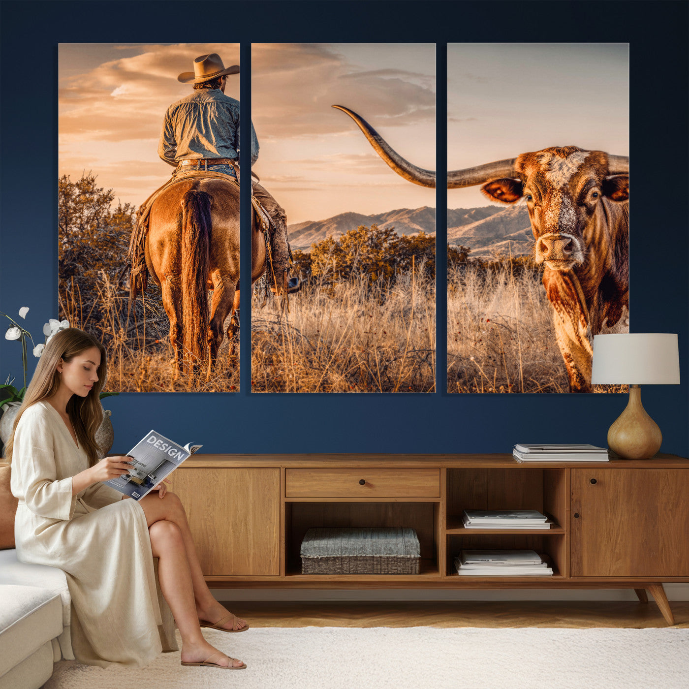 62076449C-MGV-CV-36X24 - Texas Cowboy and Longhorn Bull Print for Western Wall Art Decor for Farmhouse