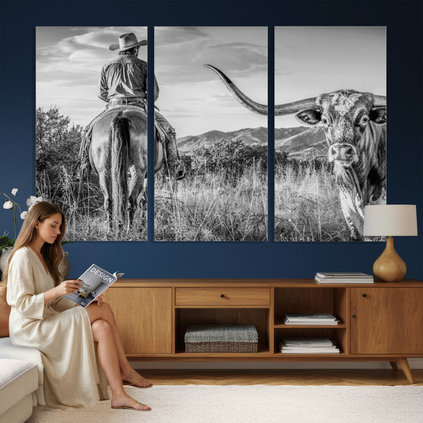 62076449WB-MGV-CV-36X24 - Texas Cowboy and Longhorn Bull Print for Western Wall Art Decor for Farmhouse