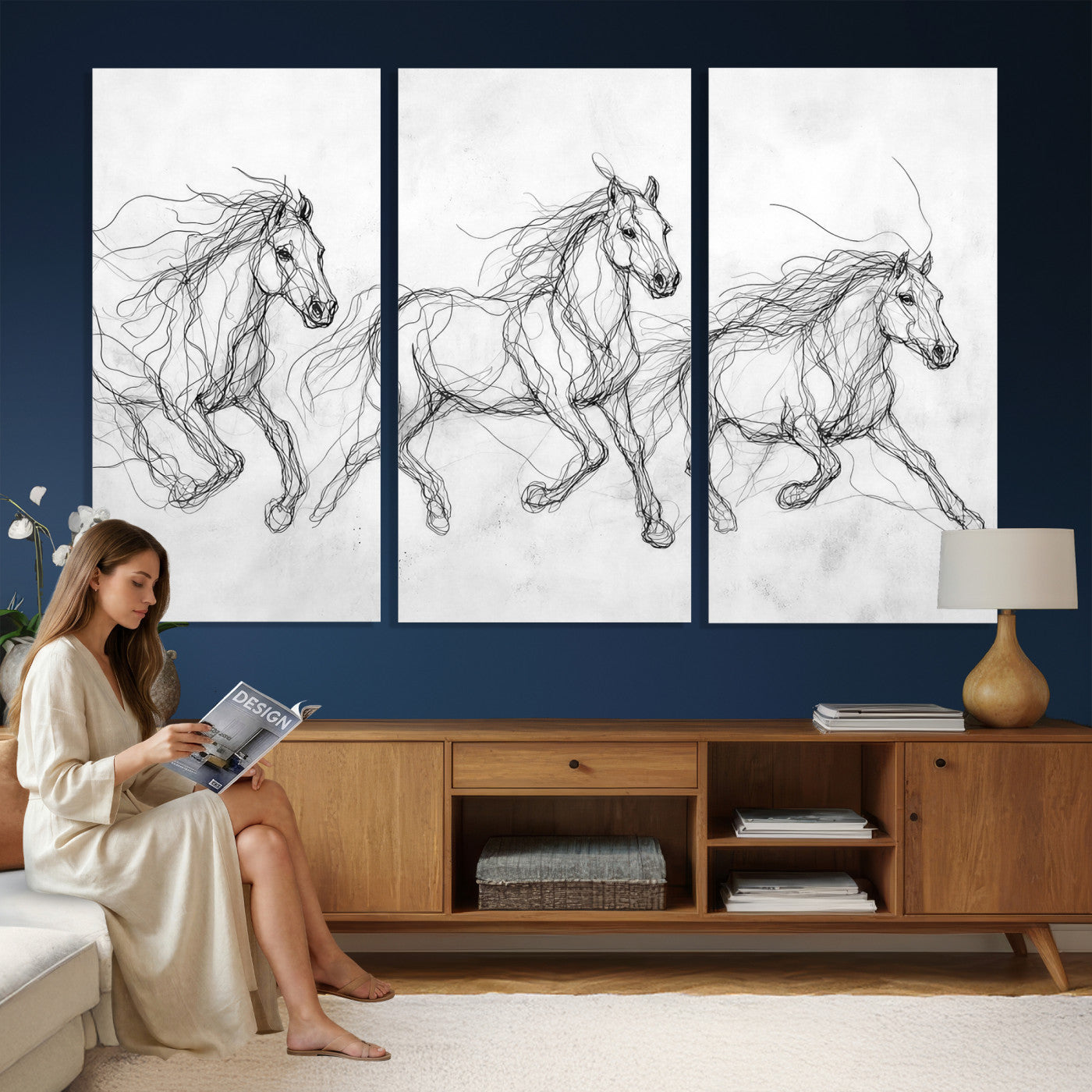 53600119-MGV-CV-36X24 - Monochrome Horse Canvas Wall Art, Black Ink Sketch Wild Horses Print, Minimalist Equestrian Artwork, Modern Abstract Line Decor, Urban Loft Gift