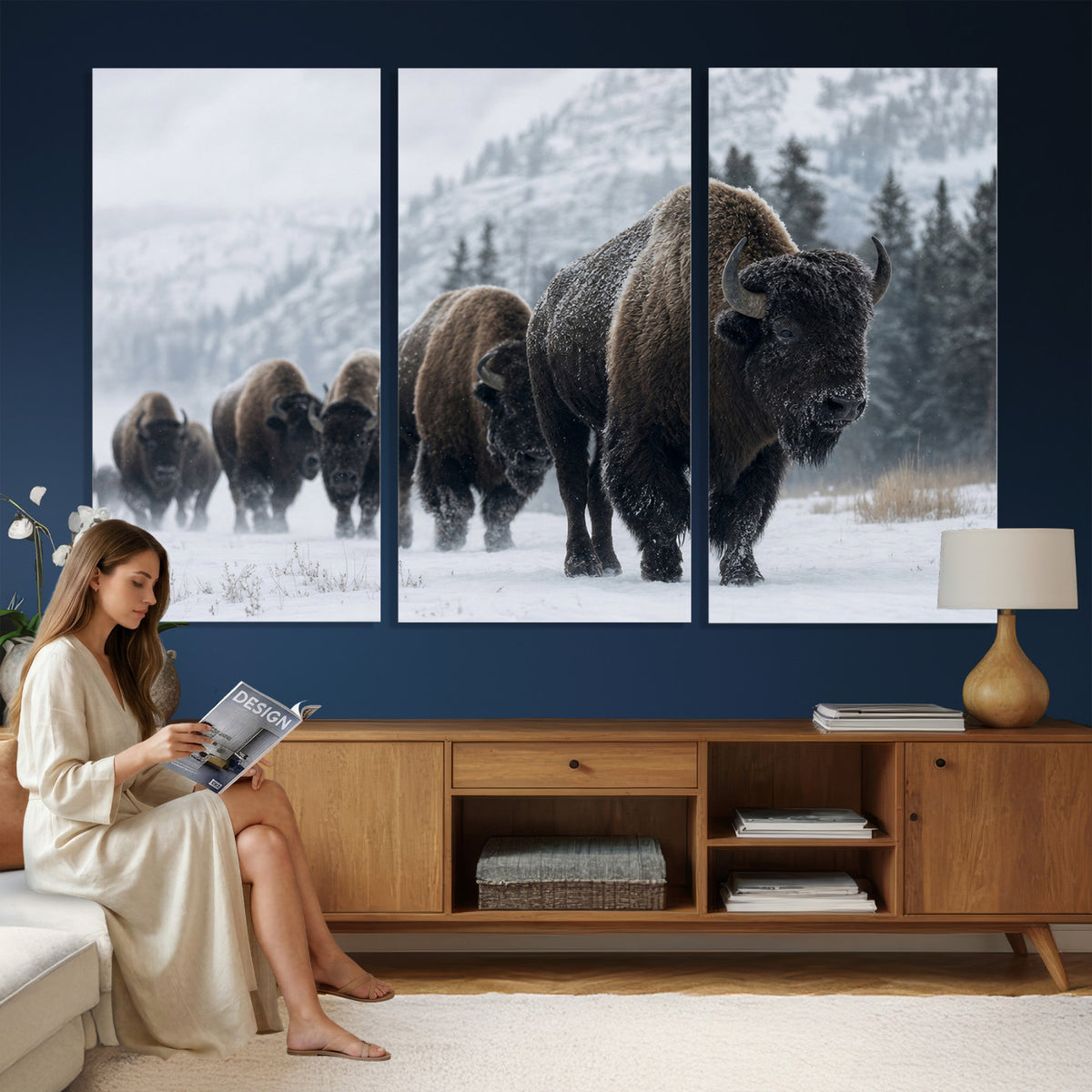 18343289-MGV-CV-36X24 - Rustic Bison Wall Art, American Buffalo Photo Print, Wildlife Canvas Artwork, Snowy Mountain Decor, Large Nature Poster, Cabin Gift Idea