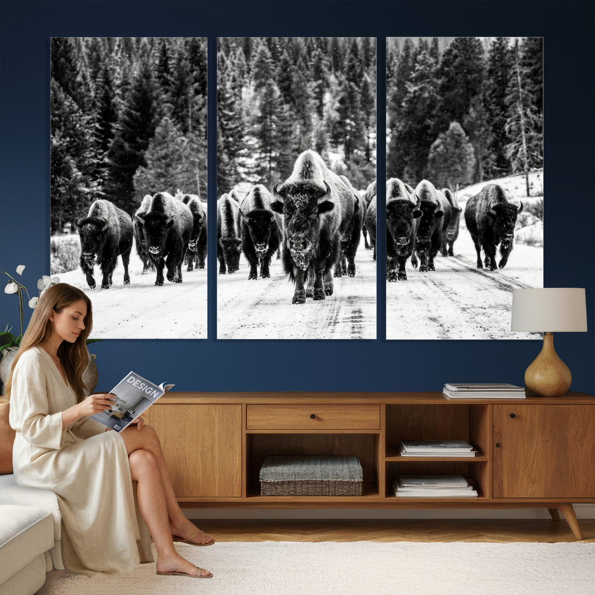 79337077-MGV-CV-36X24 - Black and White Bison Canvas Art, American Buffalo Print, Winter Wildlife Photography, Rustic Forest Wall Decor, Large Statement Nature Gift