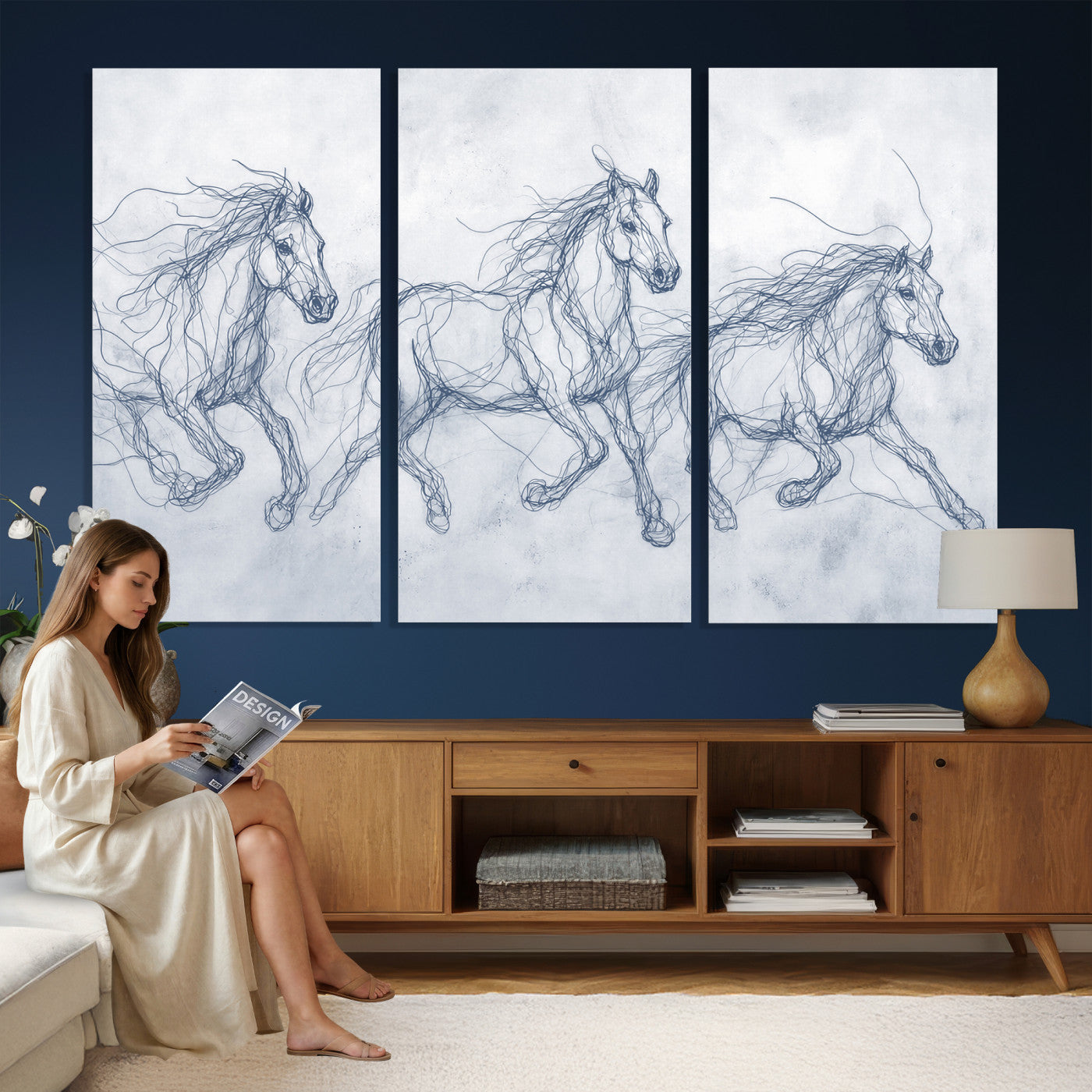 41163601-MGV-CV-36X24 - Indigo Blue Horse Line Art Canvas, Steel Grey Wild Horses Print, Abstract Navy Scribble Artwork, Modern Slate Equine Wall Decor, Coastal Ranch Gift