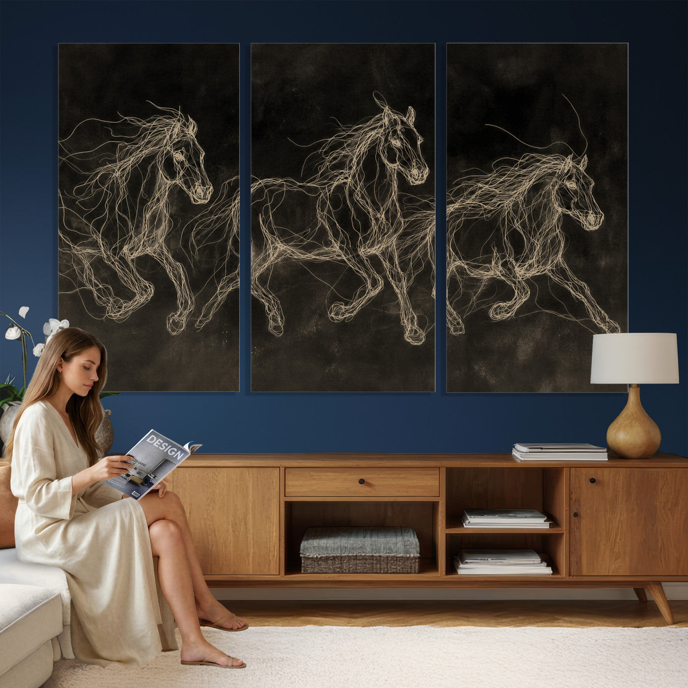 15344242-MGV-CV-36X24 - Dark Horse Line Art Canvas, Gold Scribble Wild Horses Print, Black Chalkboard Wall Art, Modern Luxury Equine Decor, Masculine Office Gift