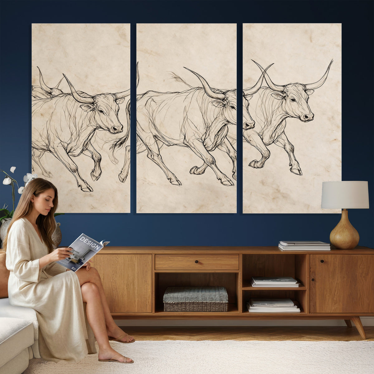 87177621-MGV-CV-36X24 - Minimalist Longhorn Line Art, Modern Texas Bull Canvas Print, Abstract Western Wall Decor, Continuous Line Artwork, Black White Ranch Gift