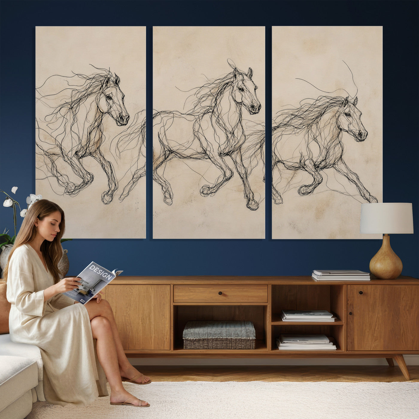81051673-MGV-CV-36X24 - Abstract Horse Line Art Canvas, Gesture Sketch Wild Horses Print, Modern Scribble Artwork, Minimalist Equine Wall Decor, Rustic Studio Gift