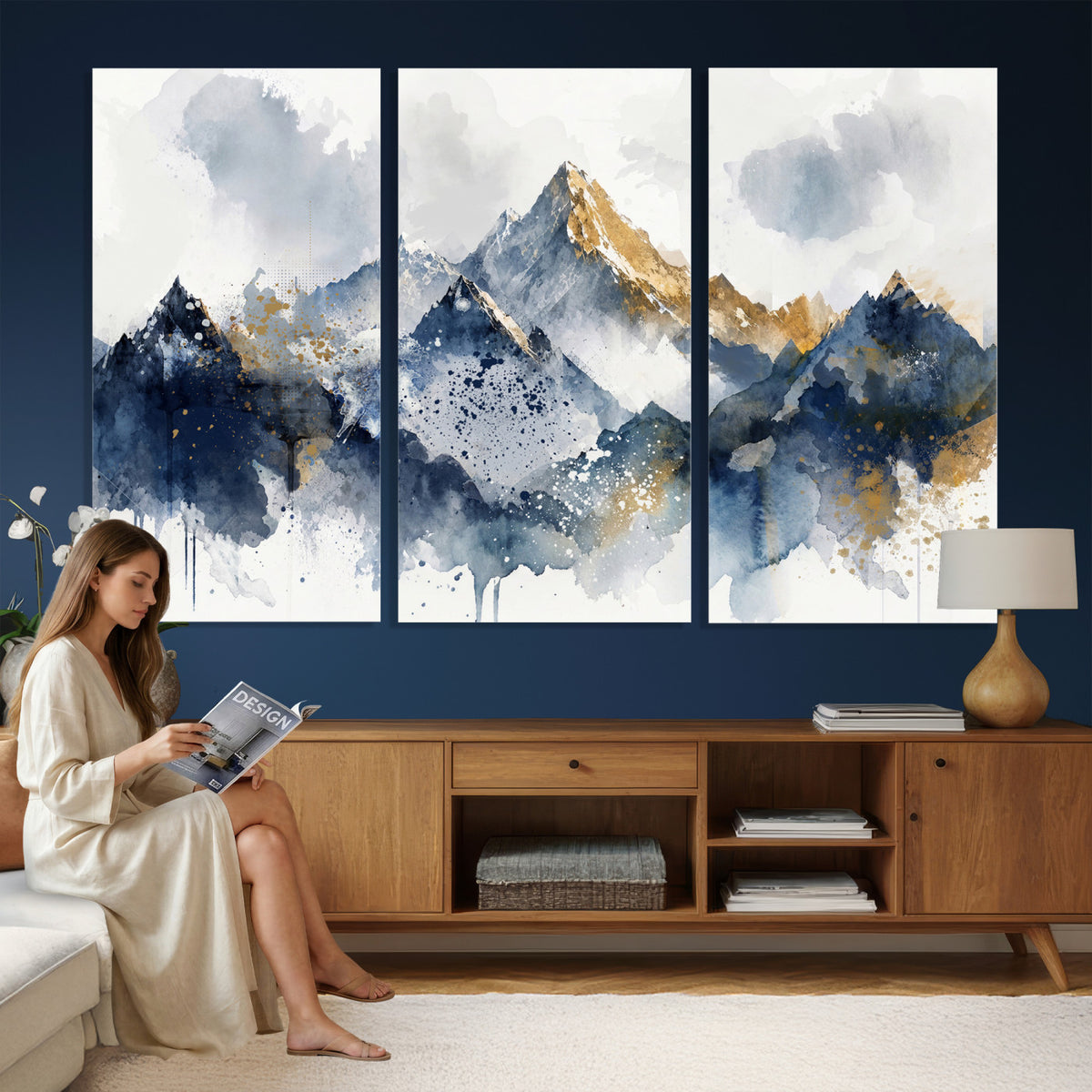 87460616-MGV-CV-36X24 - Abstract Mountain Canvas Wall Art, Blue Gold Foil Landscape Print, Modern Indigo Watercolor Poster, Large Abstract Nature, Luxury Office Gift