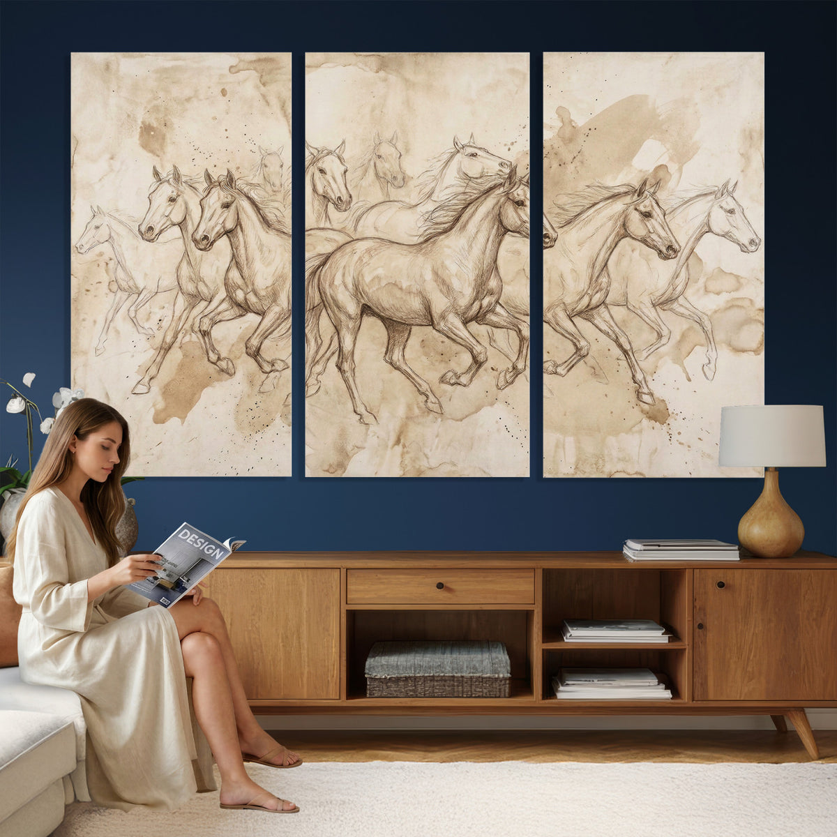 52233469-MGV-CV-36X24 - Vintage Horse Sketch Canvas Wall Art, Wild Horses Pencil Drawing Print, Antique Parchment Western Decor, Equine Sketching, Country Manor Gift