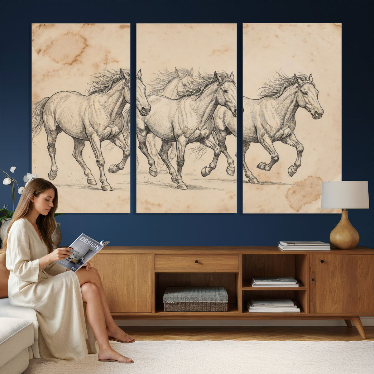 16644391-MGV-CV-36X24 - Vintage Horse Sketch Canvas Wall Art, Wild Horses Pencil Drawing Print, Antique Parchment Western Decor, Equine Sketching, Country Manor Gift