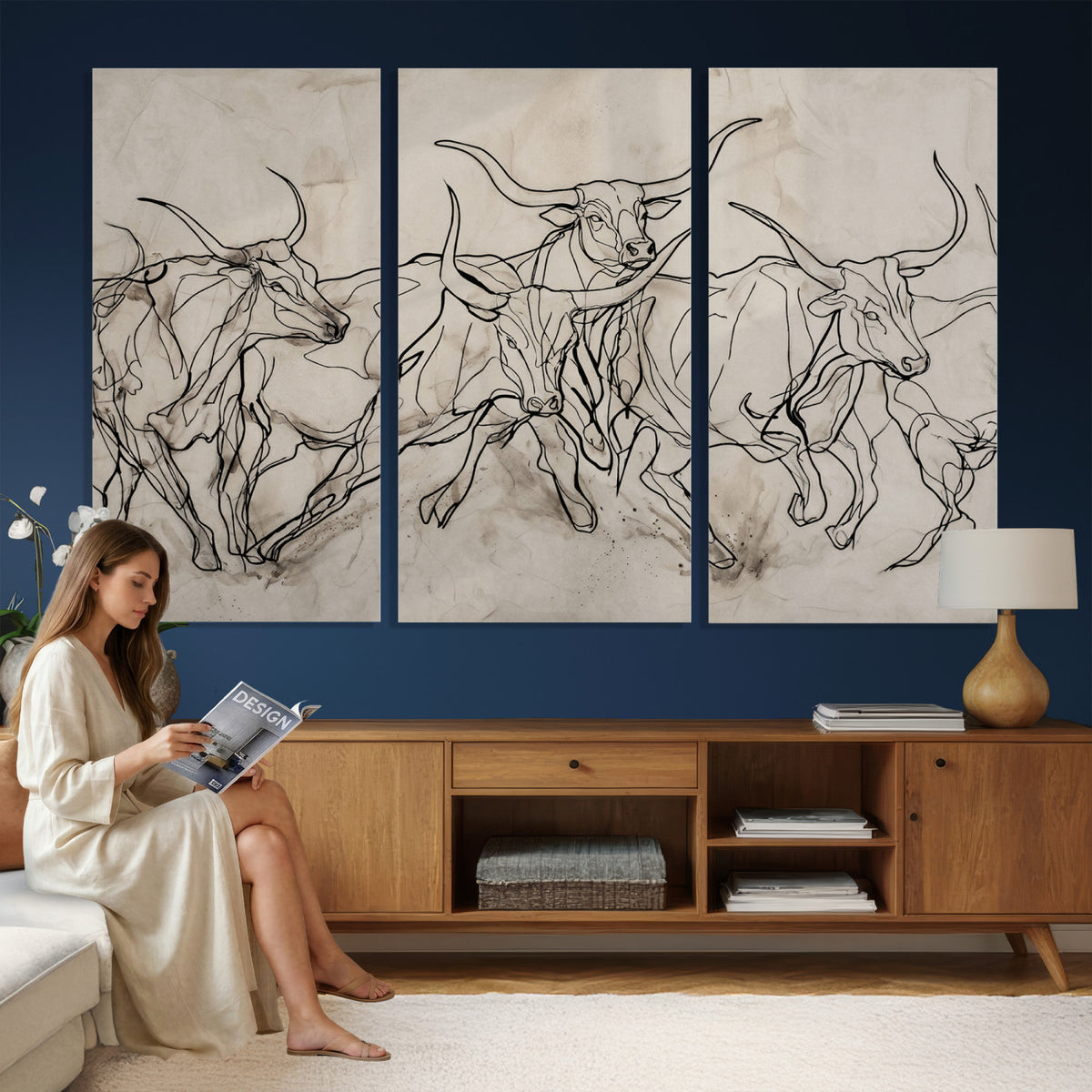 16671245-MGV-CV-36X24 - Minimalist Longhorn Line Art, Modern Texas Bull Canvas Print, Abstract Western Wall Decor, Continuous Line Artwork, Black White Ranch Gift
