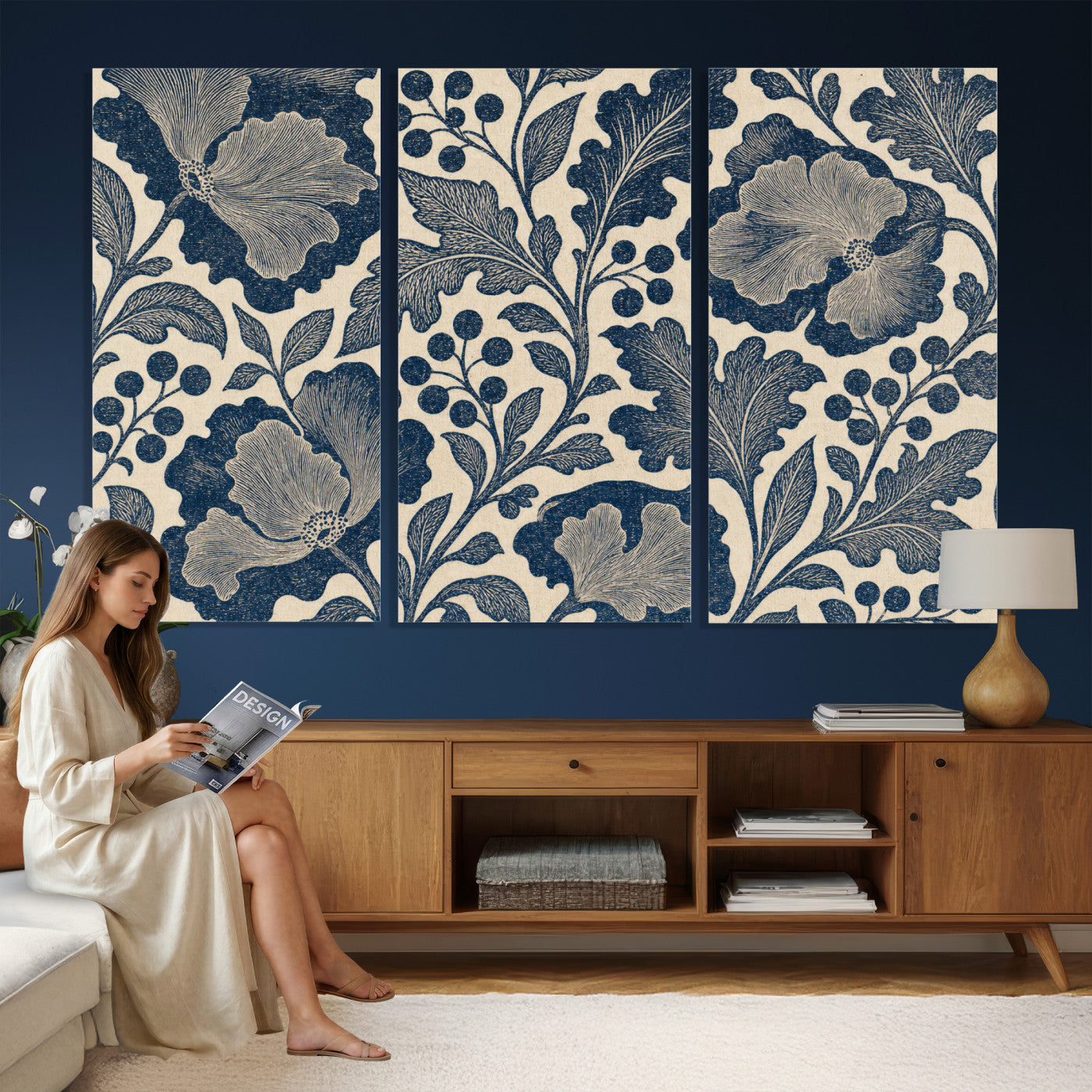 23824002-MGV-CV-36X24 - William Morris Style Navy Blue Floral Wall Art Canvas Print, Vintage Cream Botanical Painting Print